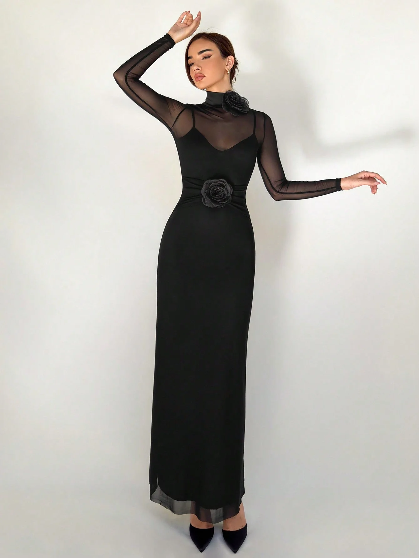 1pc Black Mesh Floral 3D Applique Long Sleeve Bodycon Dress For Women - Image 2
