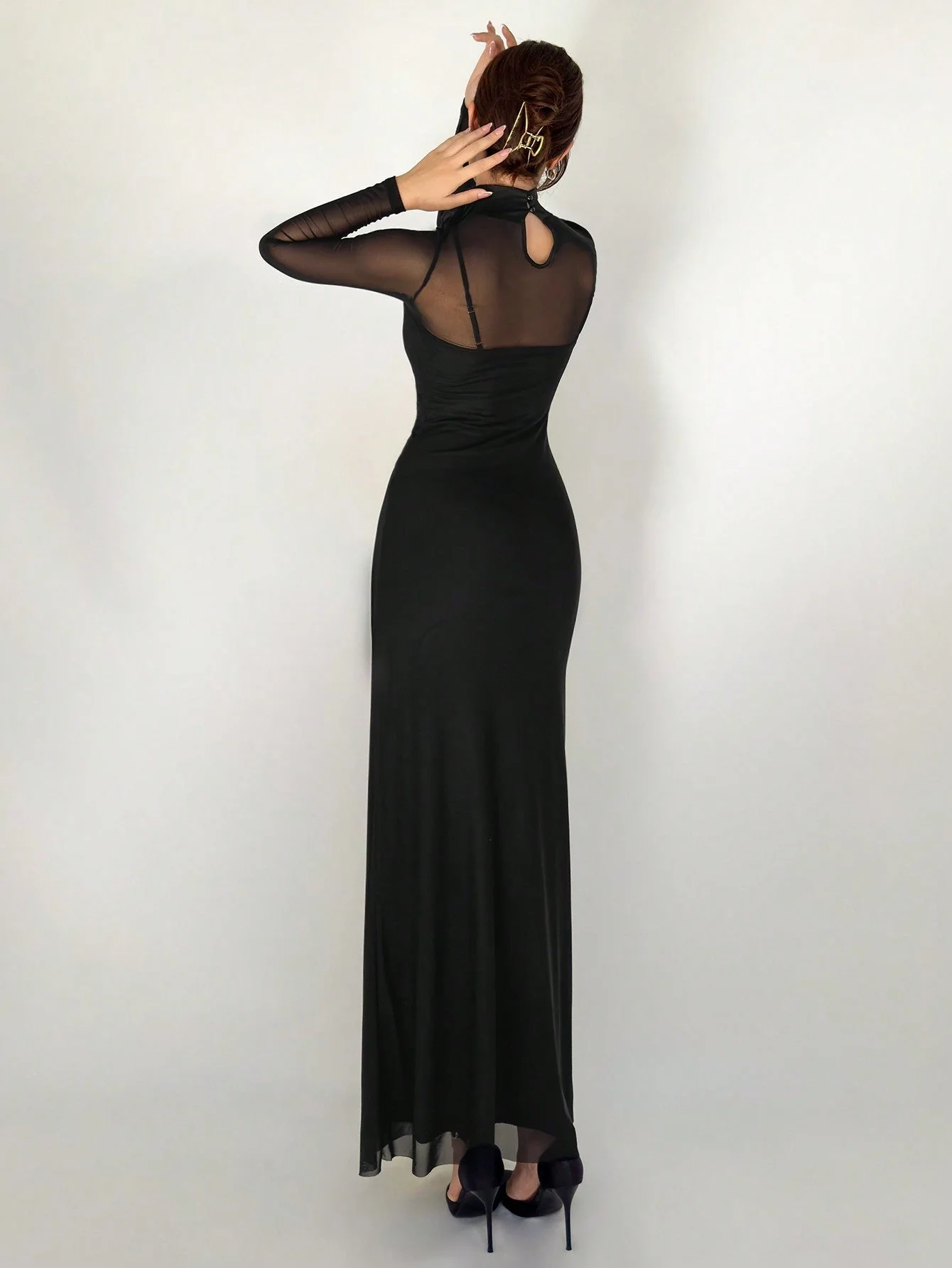 1pc Black Mesh Floral 3D Applique Long Sleeve Bodycon Dress For Women - Image 3