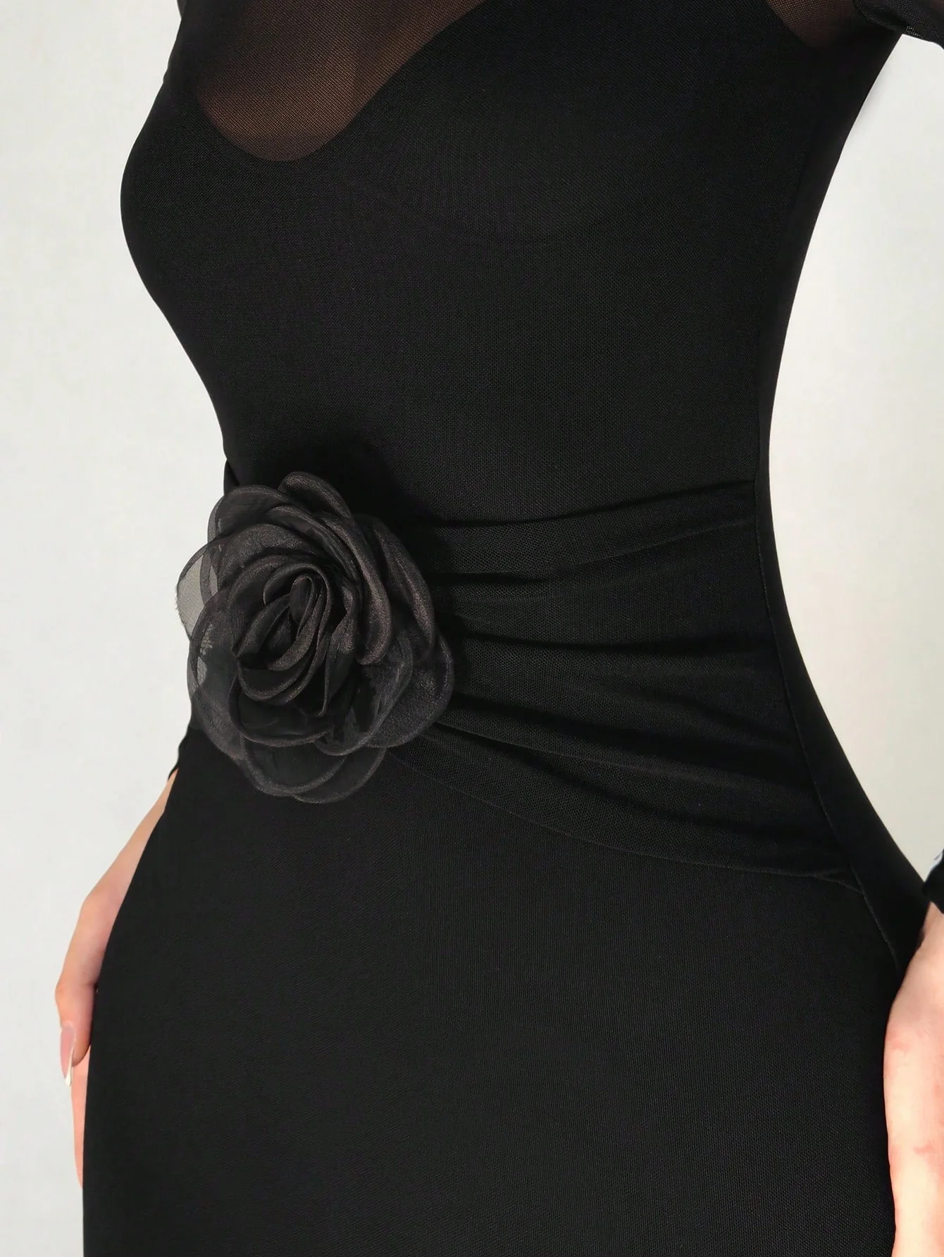 1pc Black Mesh Floral 3D Applique Long Sleeve Bodycon Dress For Women - Image 4