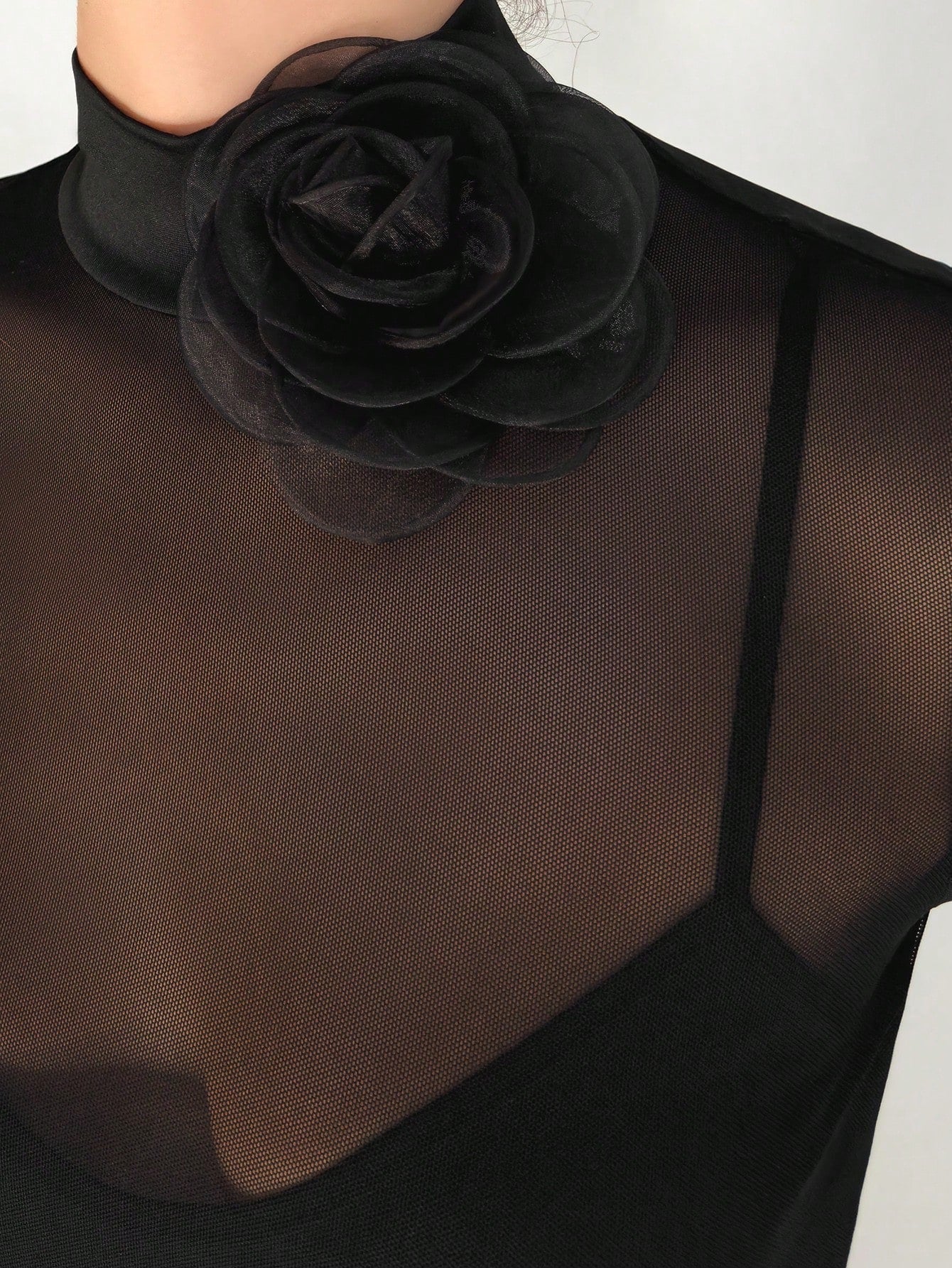 1pc Black Mesh Floral 3D Applique Long Sleeve Bodycon Dress For Women - Image 5