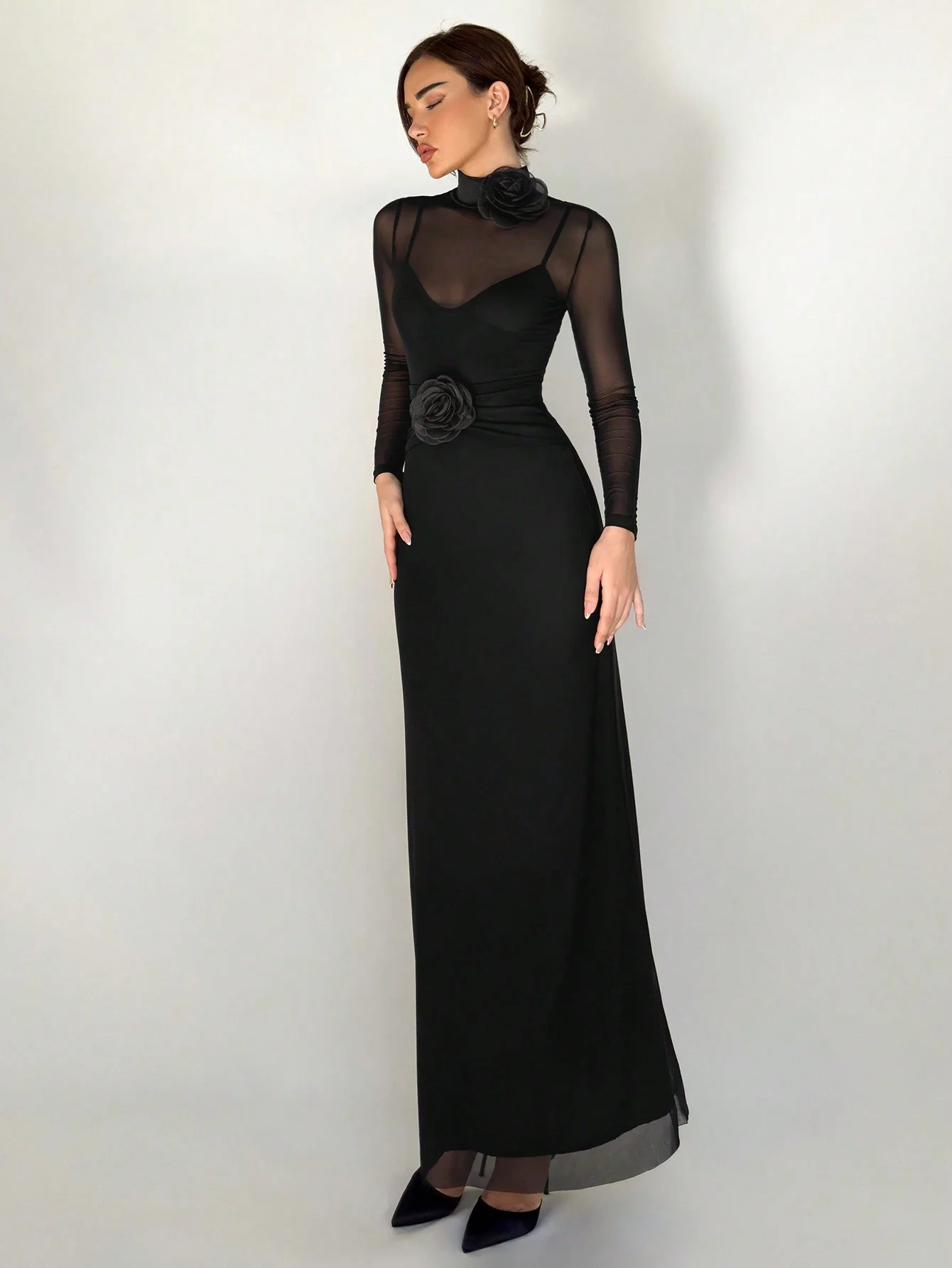 1pc Black Mesh Floral 3D Applique Long Sleeve Bodycon Dress For Women - Image 6