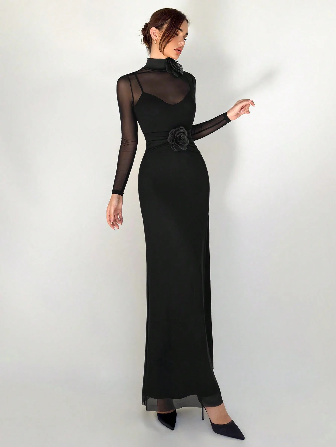 1pc Black Mesh Floral 3D Applique Long Sleeve Bodycon Dress For Women - Image 7