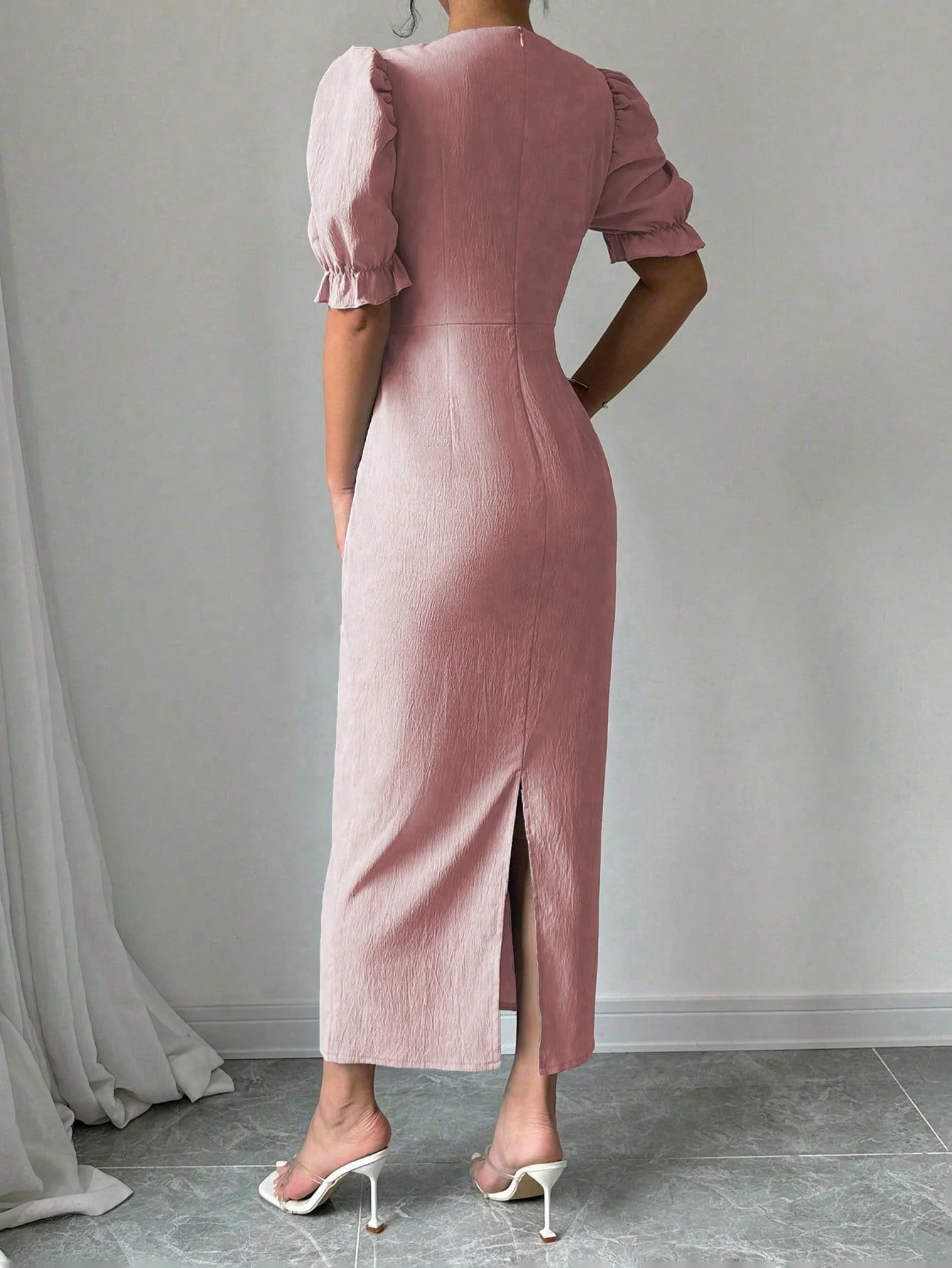 1pc Elegant Bowknot Puff Sleeve Split Side Knee-Length Dress, Short Sleeve Maxi Women Outfit - Image 2