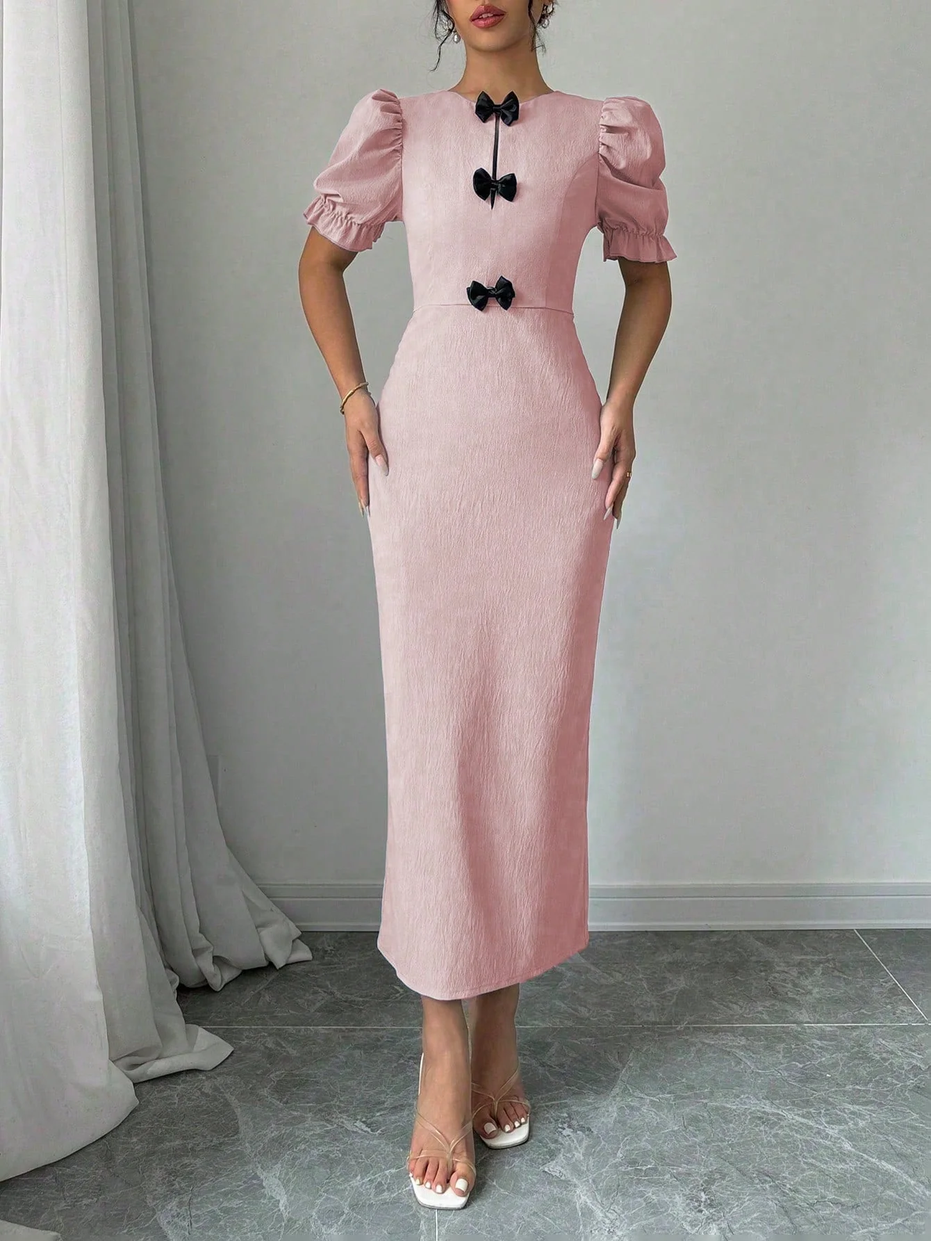 1pc Elegant Bowknot Puff Sleeve Split Side Knee-Length Dress, Short Sleeve Maxi Women Outfit - Image 3