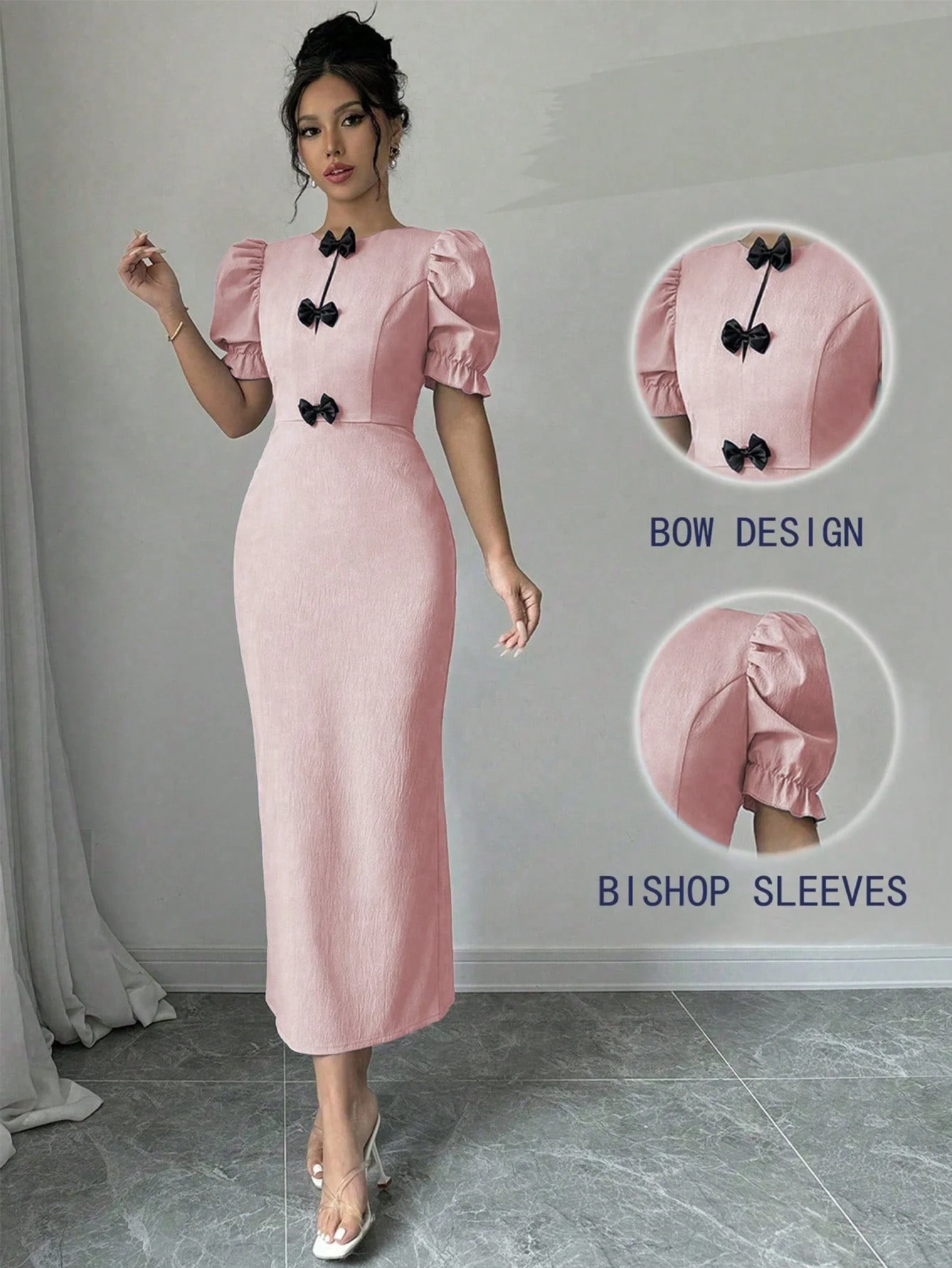1pc Elegant Bowknot Puff Sleeve Split Side Knee-Length Dress, Short Sleeve Maxi Women Outfit - Image 4