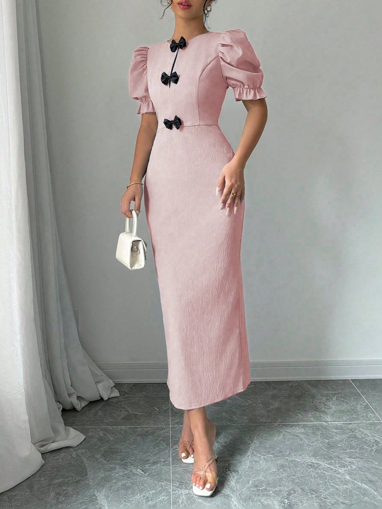 1pc Elegant Bowknot Puff Sleeve Split Side Knee-Length Dress, Short Sleeve Maxi Women Outfit - Image 5