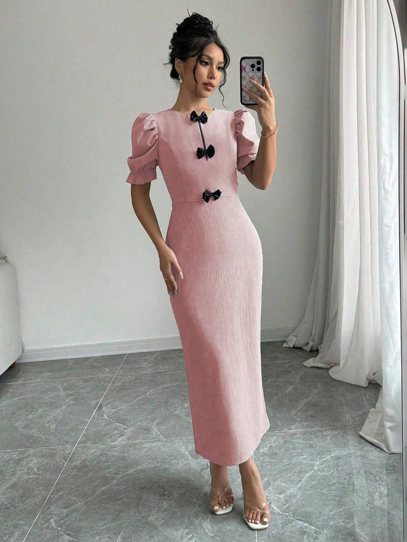 1pc Elegant Bowknot Puff Sleeve Split Side Knee-Length Dress, Short Sleeve Maxi Women Outfit - Image 6