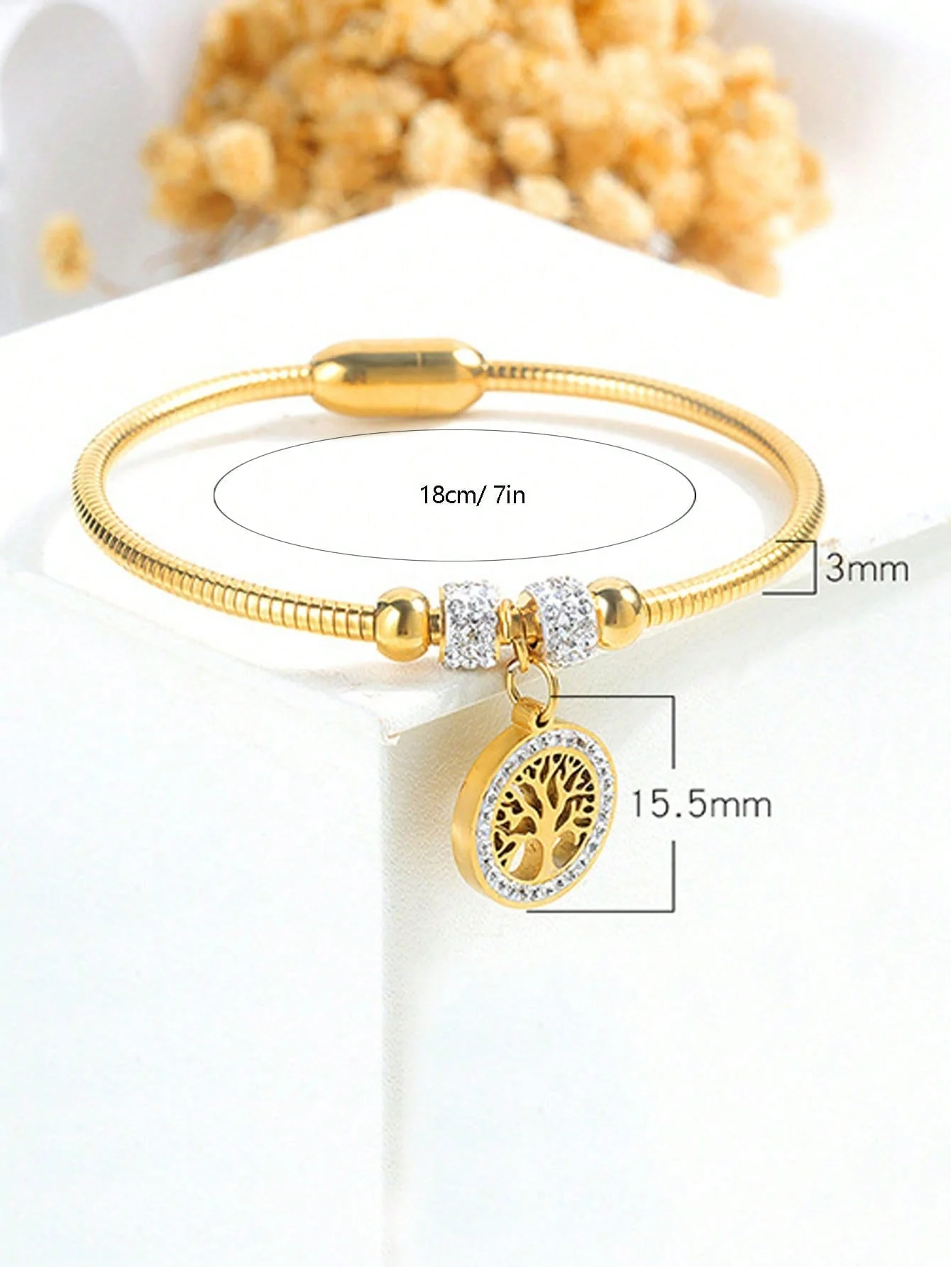 1pc Fashion Stainless Steel Rhinestone & Tree Decor Round Charm Bangle - Image 3