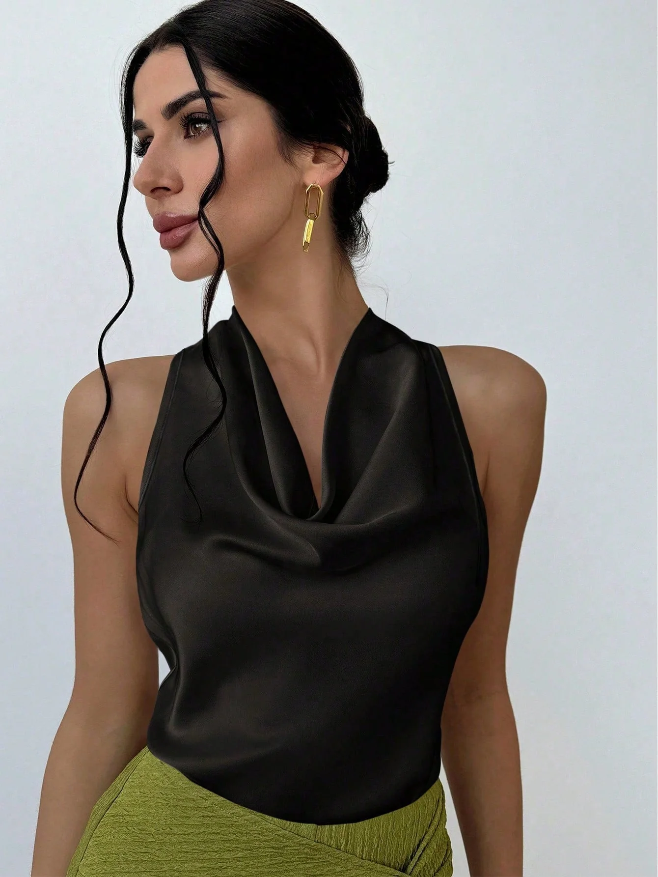 1pc Women's Apricot Tie-Neck Blouse, Minimalist & Elegant,Sleeveless Tops - Image 2