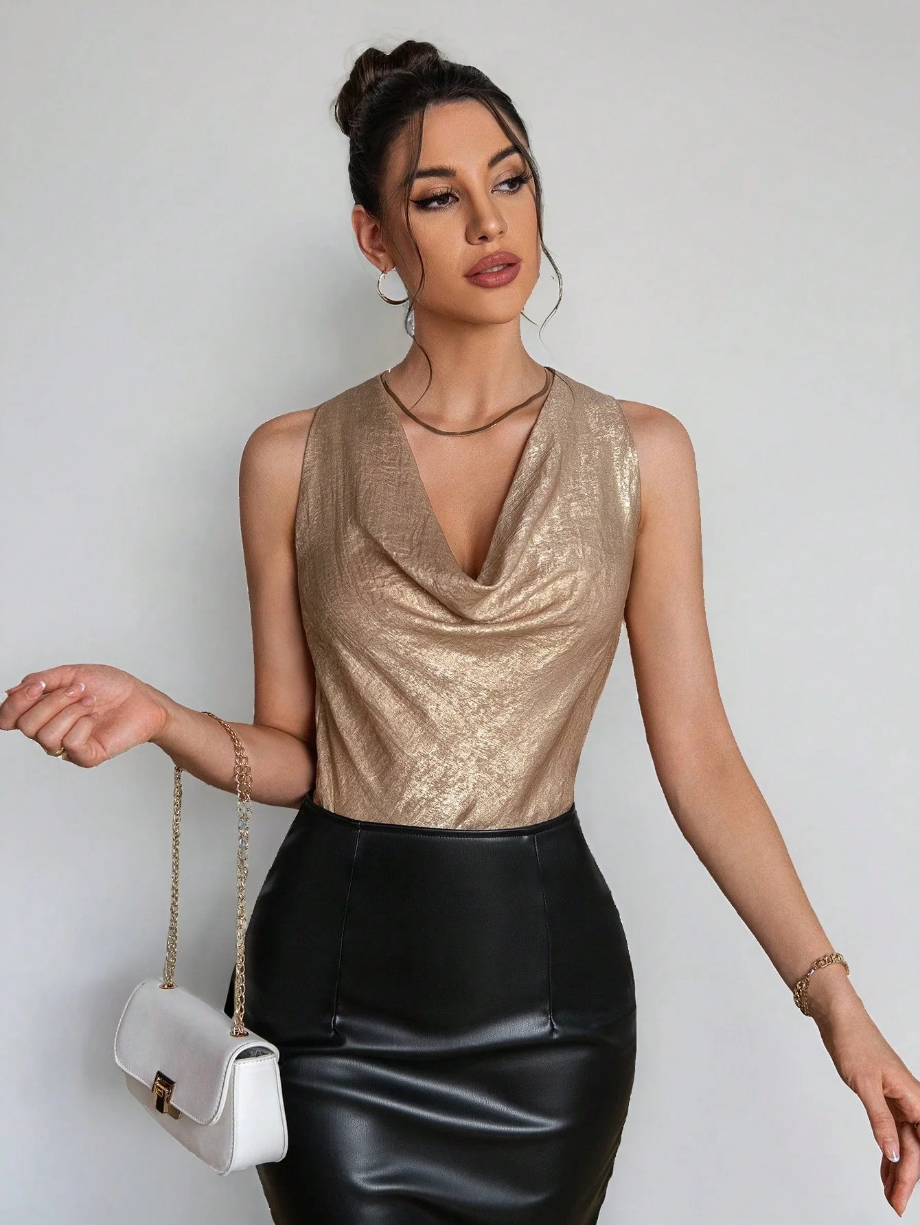 1pc Women's Apricot Tie-Neck Blouse, Minimalist & Elegant,Sleeveless Tops - Image 3
