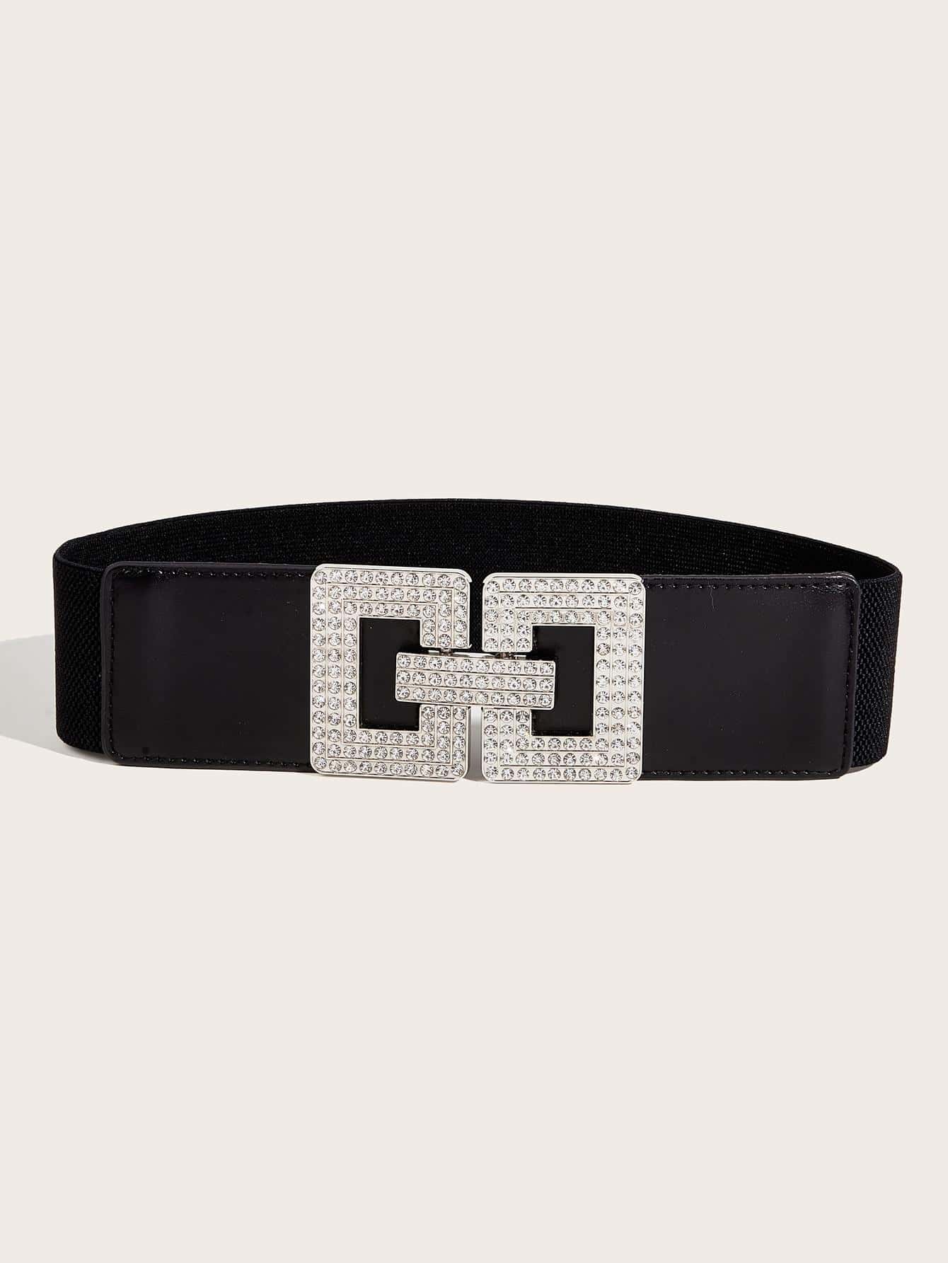 1pc Women's Fashionable Elastic Waistband Decorated Dress Belt With Square Shaped Buckle & Rhinestone Detail, Suitable For Daily And Party Use FD - Image 3