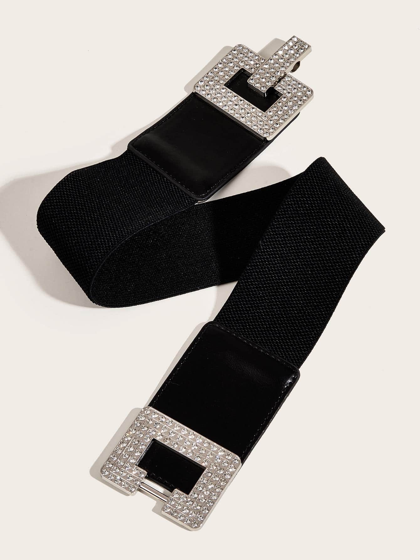 1pc Women's Fashionable Elastic Waistband Decorated Dress Belt With Square Shaped Buckle & Rhinestone Detail, Suitable For Daily And Party Use FD - Image 4