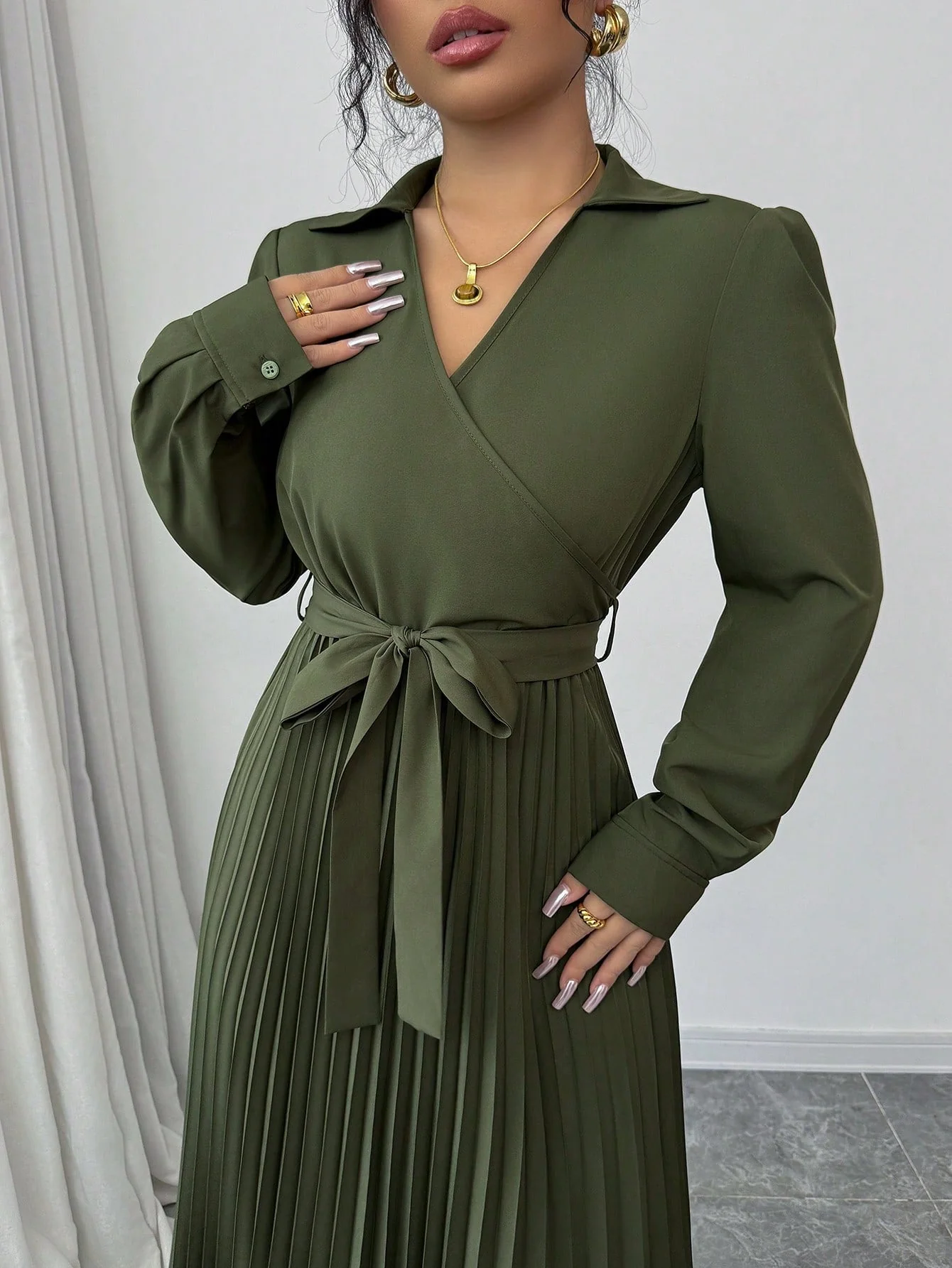 1pc Women's Solid Color Front-Tie Long Sleeve Casual Long Dress Maxi Women Outfit - Image 4