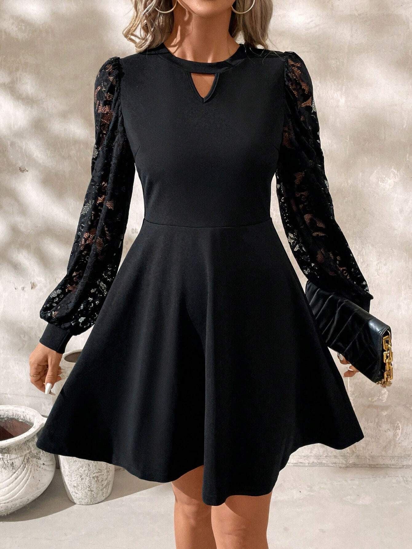 2024 new elegant women's black crew neck lace splicing long-sleeved slim-fitting horn hem jumpsuit - Image 6