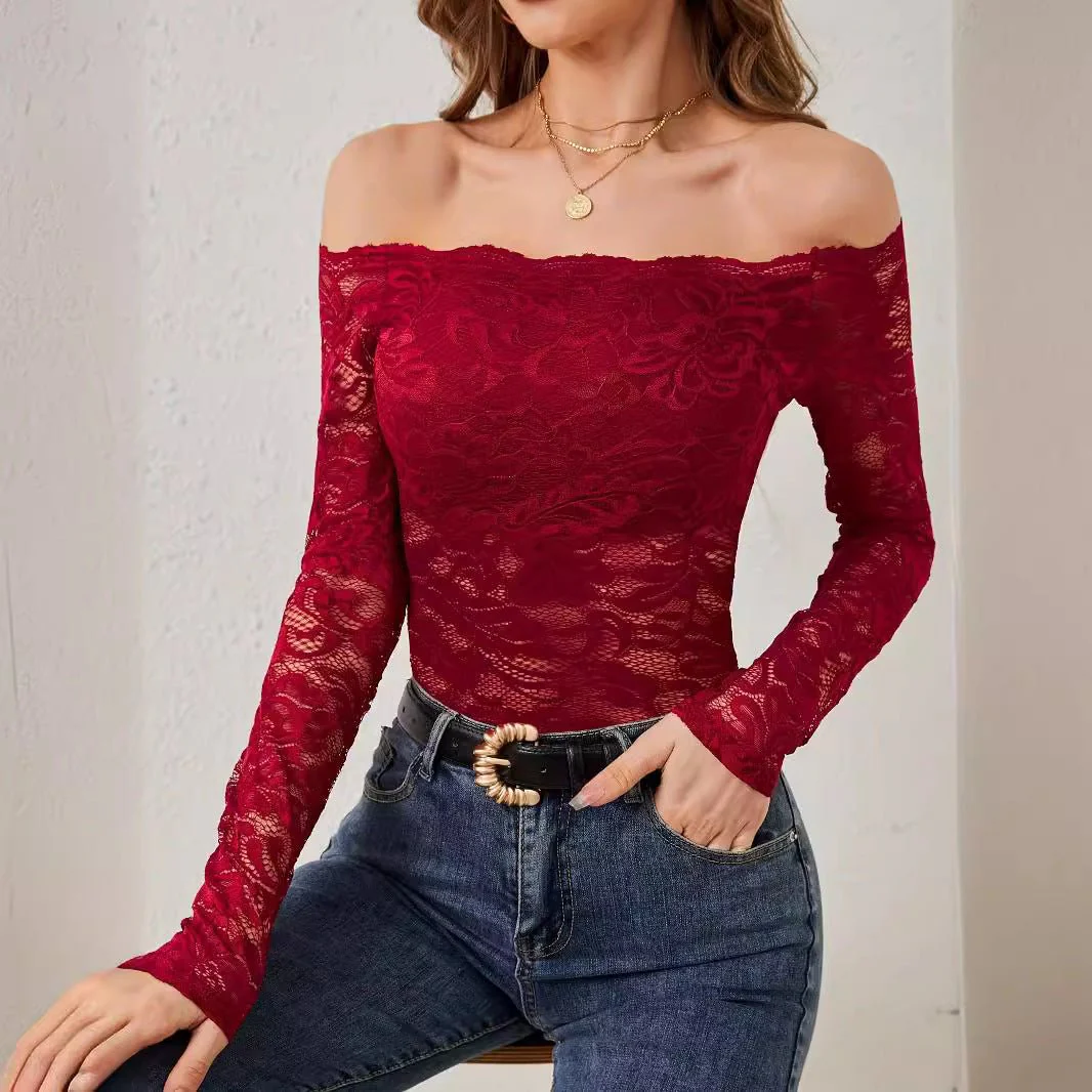 2025 elegant fan-shaped collar edge one-shoulder lace slim fit T-shirt long-sleeved top - Image 2