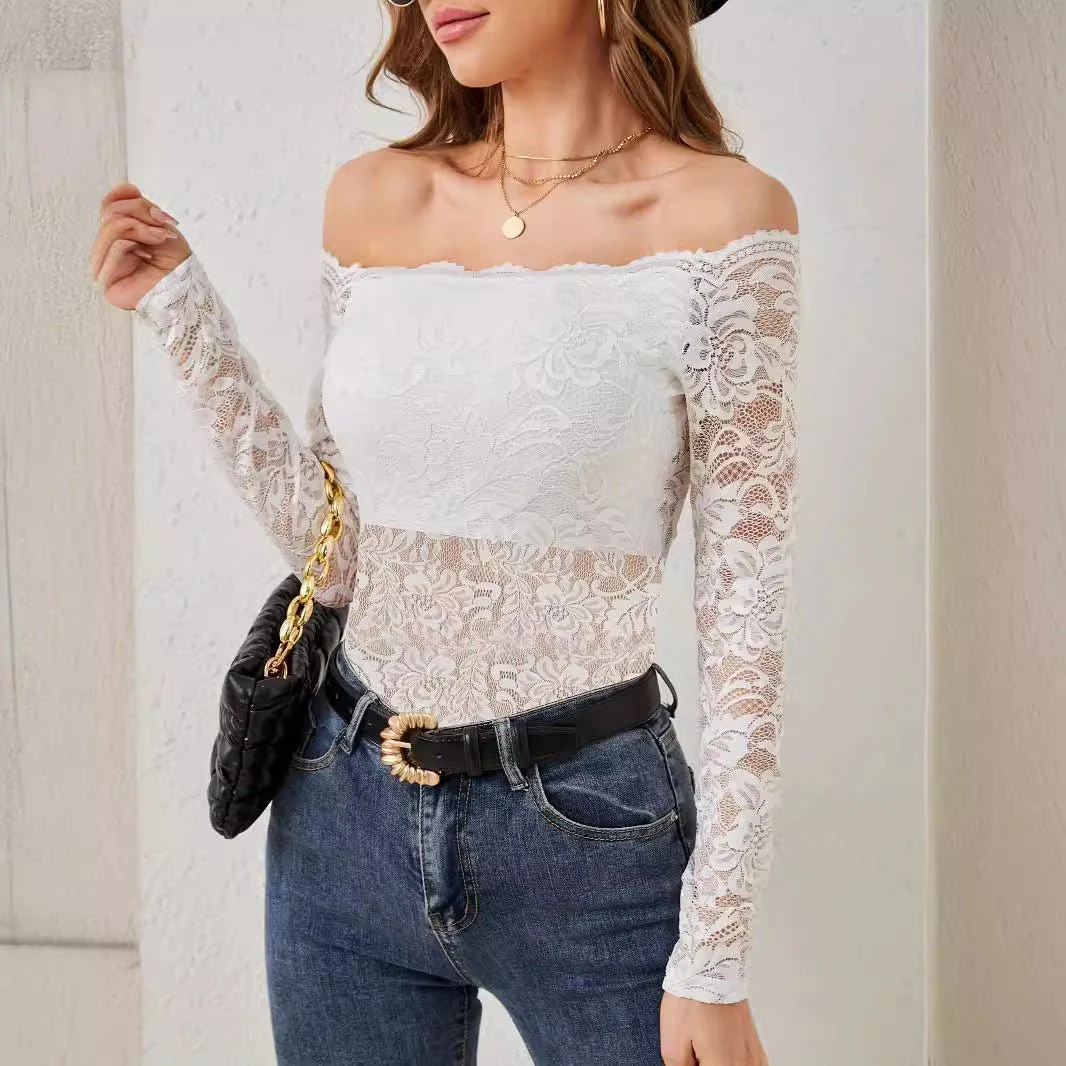 2025 elegant fan-shaped collar edge one-shoulder lace slim fit T-shirt long-sleeved top - Image 3