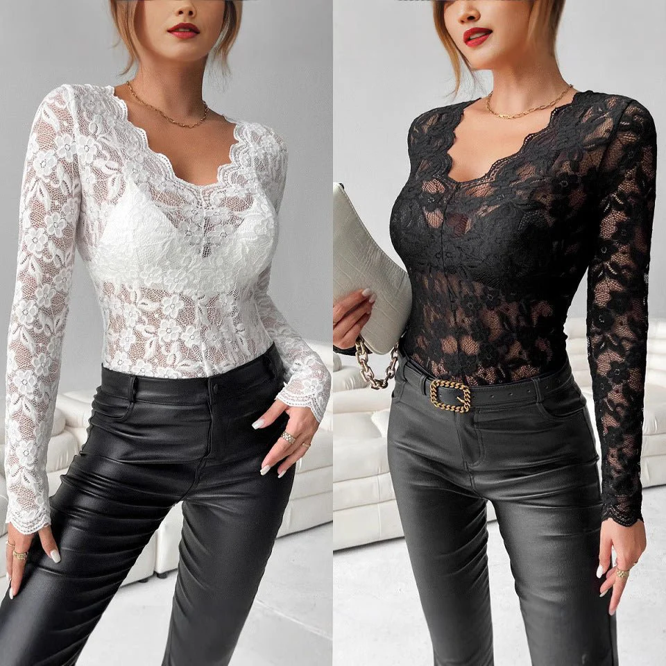 2025 elegant V-neck scalloped collar edge single-layer solid color lace long-sleeved T-shirt slim-fitting and thin top women FD