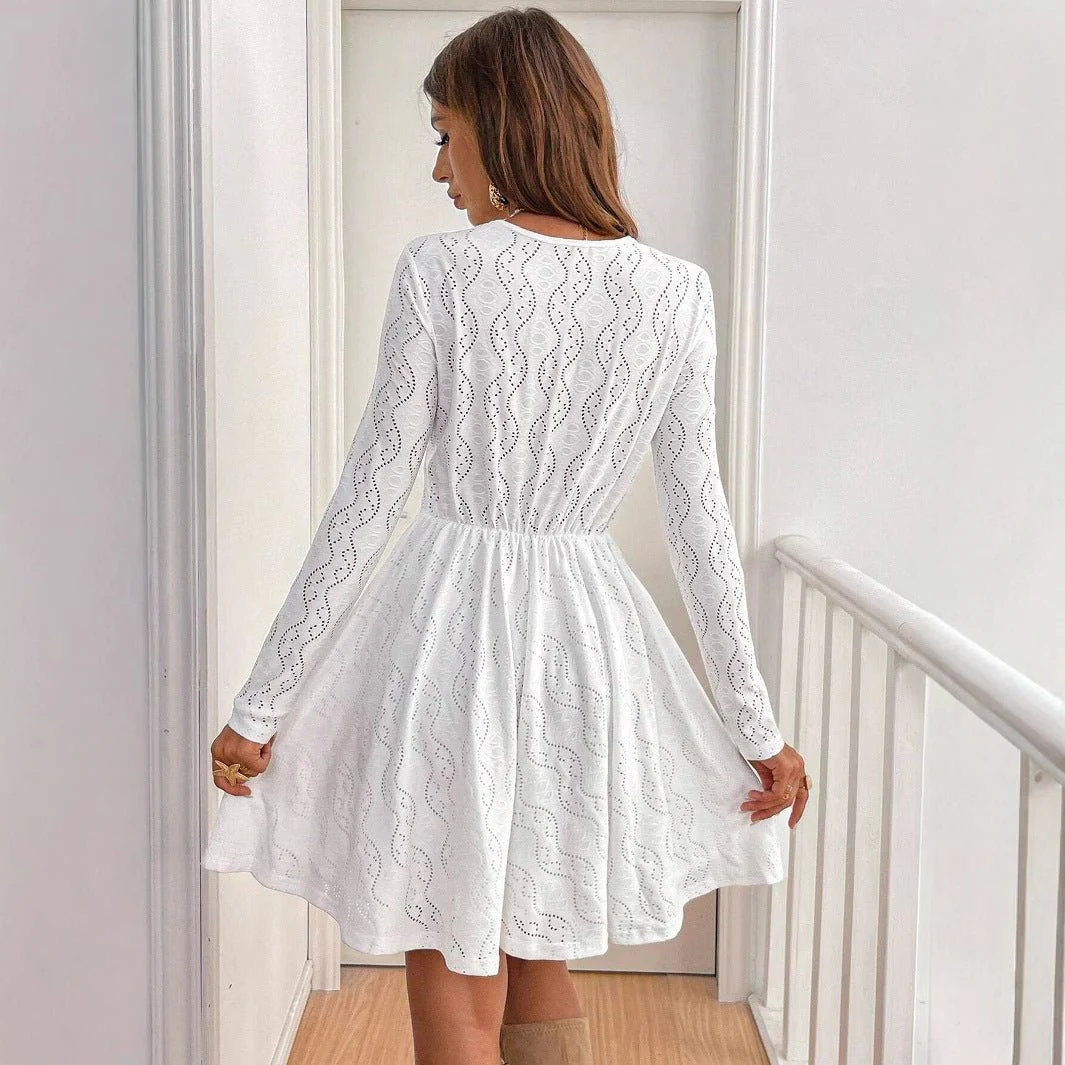 2025 elegant women's solid color lace patchwork mini holiday dress scallop edge sundress - Image 2