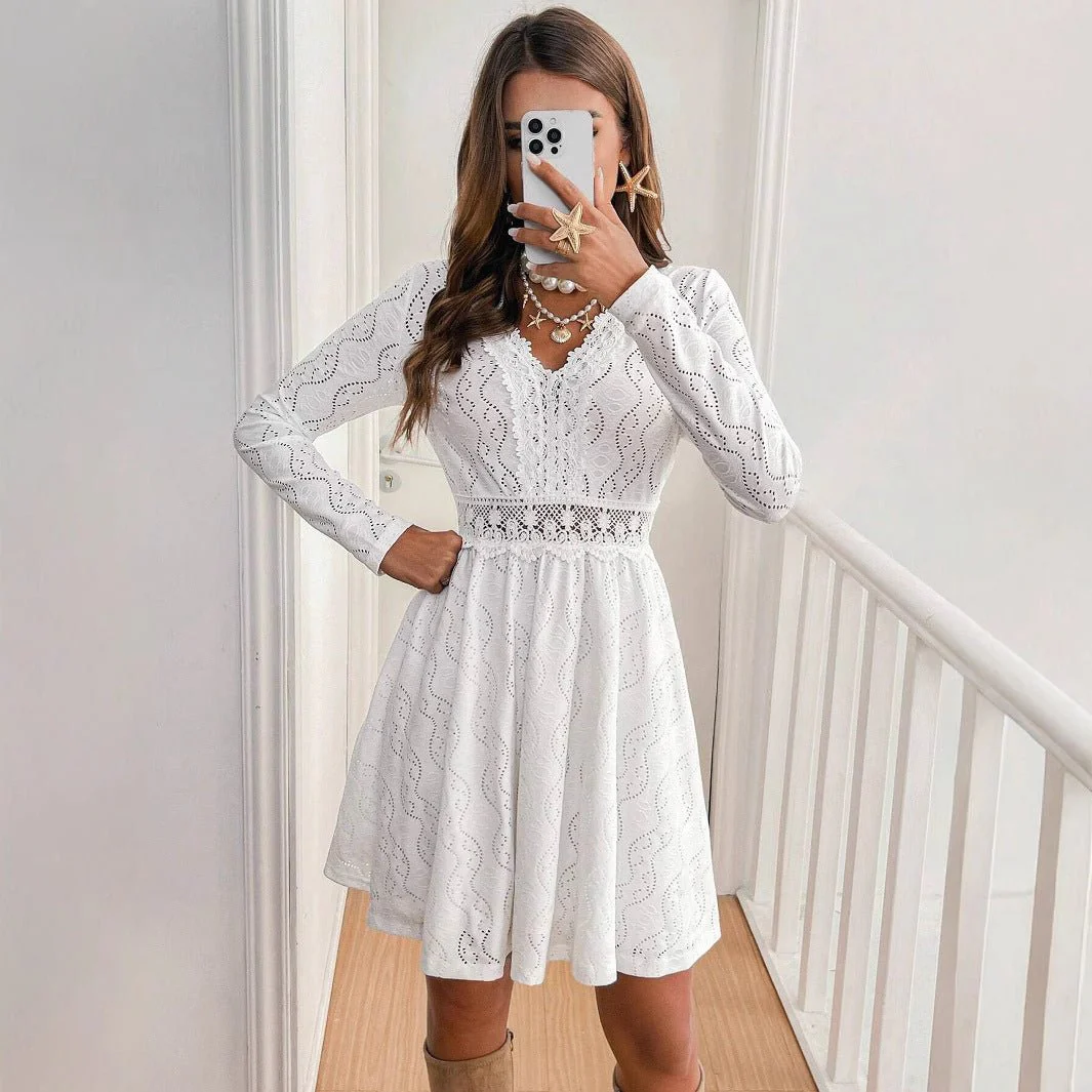 2025 elegant women's solid color lace patchwork mini holiday dress scallop edge sundress - Image 4