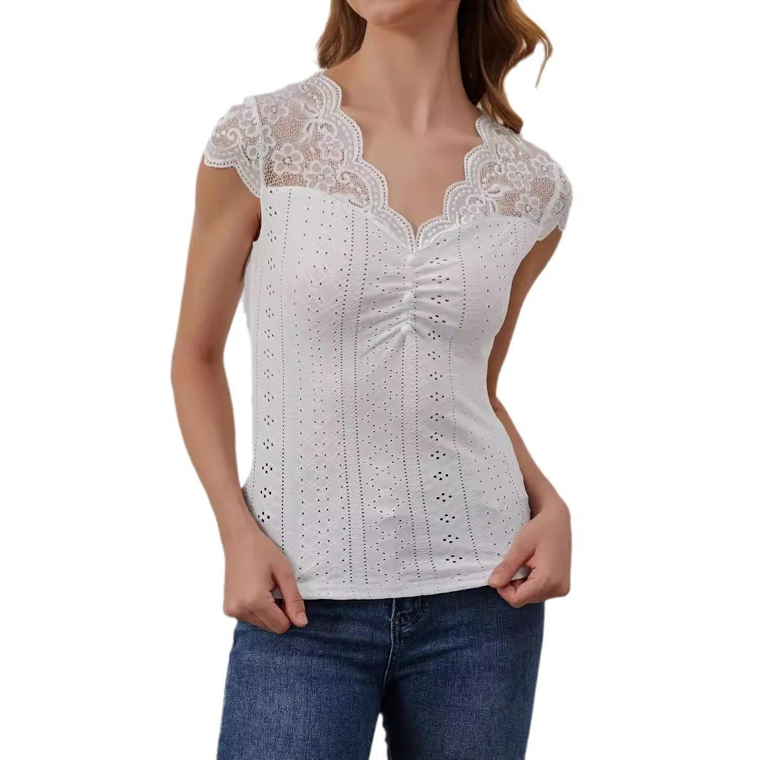 2025 fan-shaped V-neck front chest button lace splicing slim and thin T-shirt short-sleeved top women's clothing (FD) - Image 5