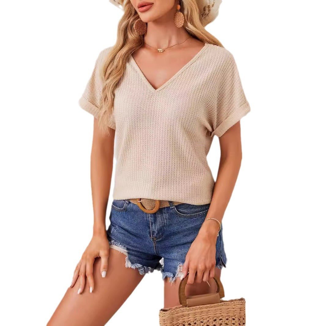 2025 new elegant V-neck back hollow splicing fashionable lace bat sleeve T-shirt women's clothing - Image 5