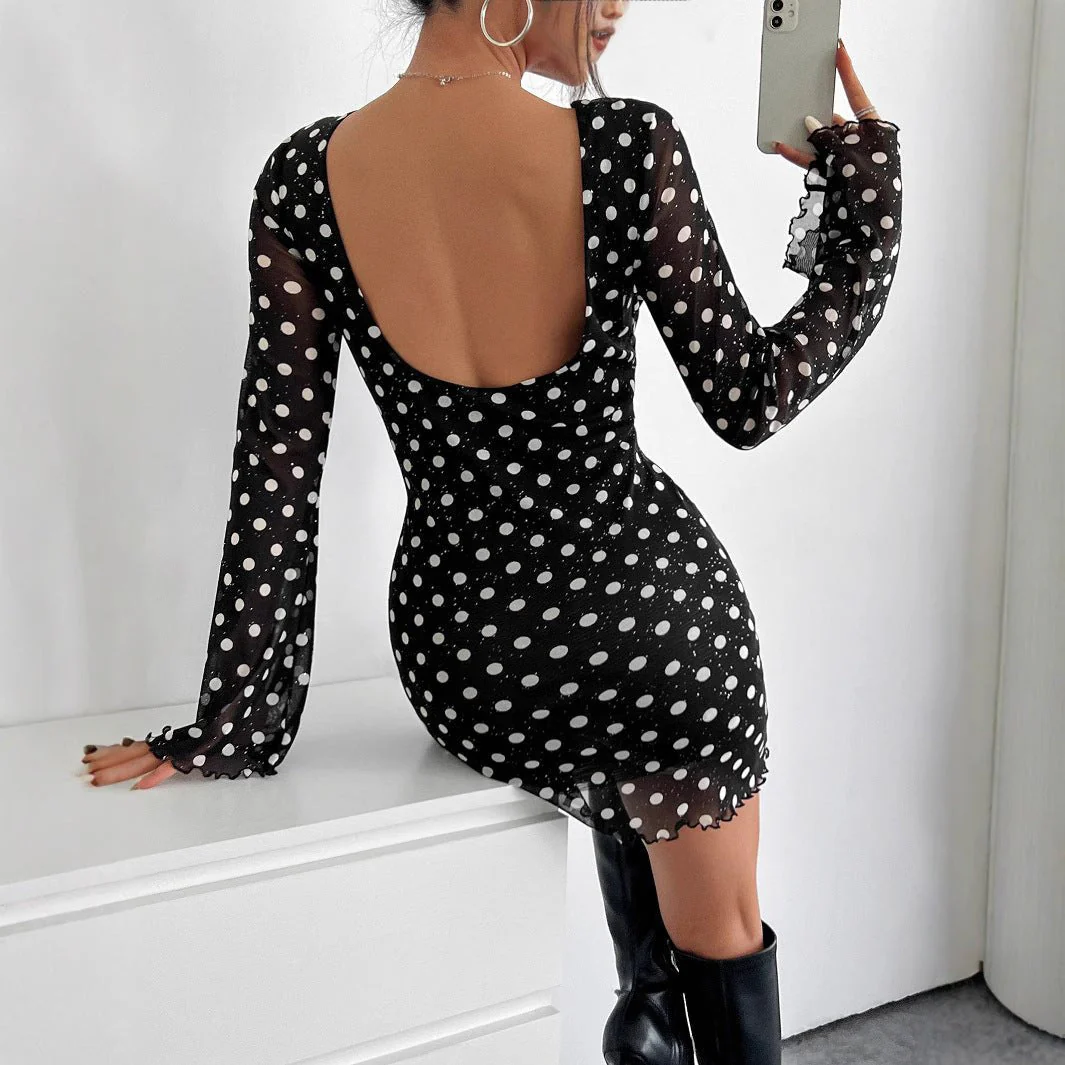 2025 new elegant women's mesh polka dot printing round neck backless long-sleeved dress - Image 2