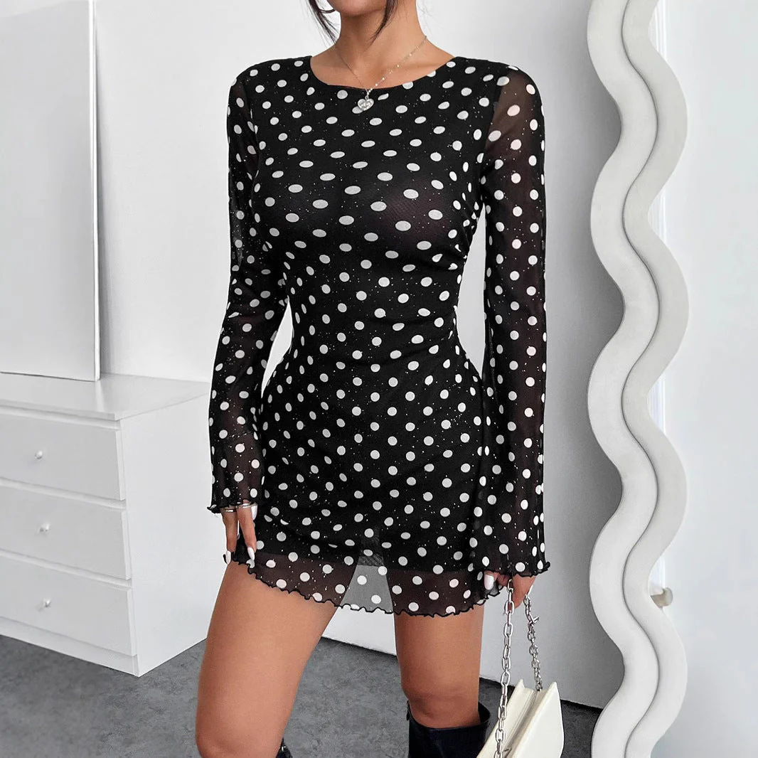 2025 new elegant women's mesh polka dot printing round neck backless long-sleeved dress - Image 4