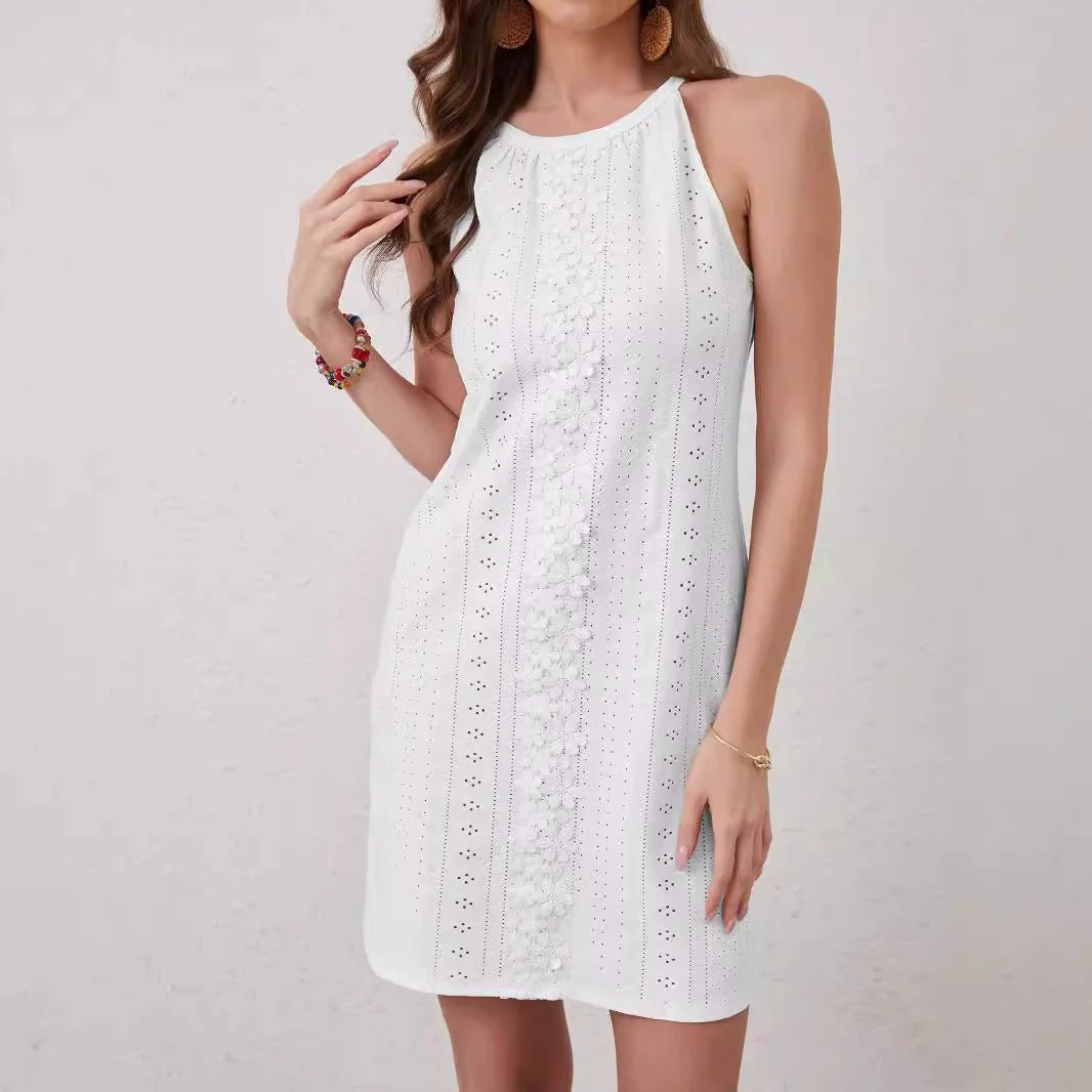 2025 new  elegant women's solid color lace splicing sleeveless sexy backless dress - Image 4