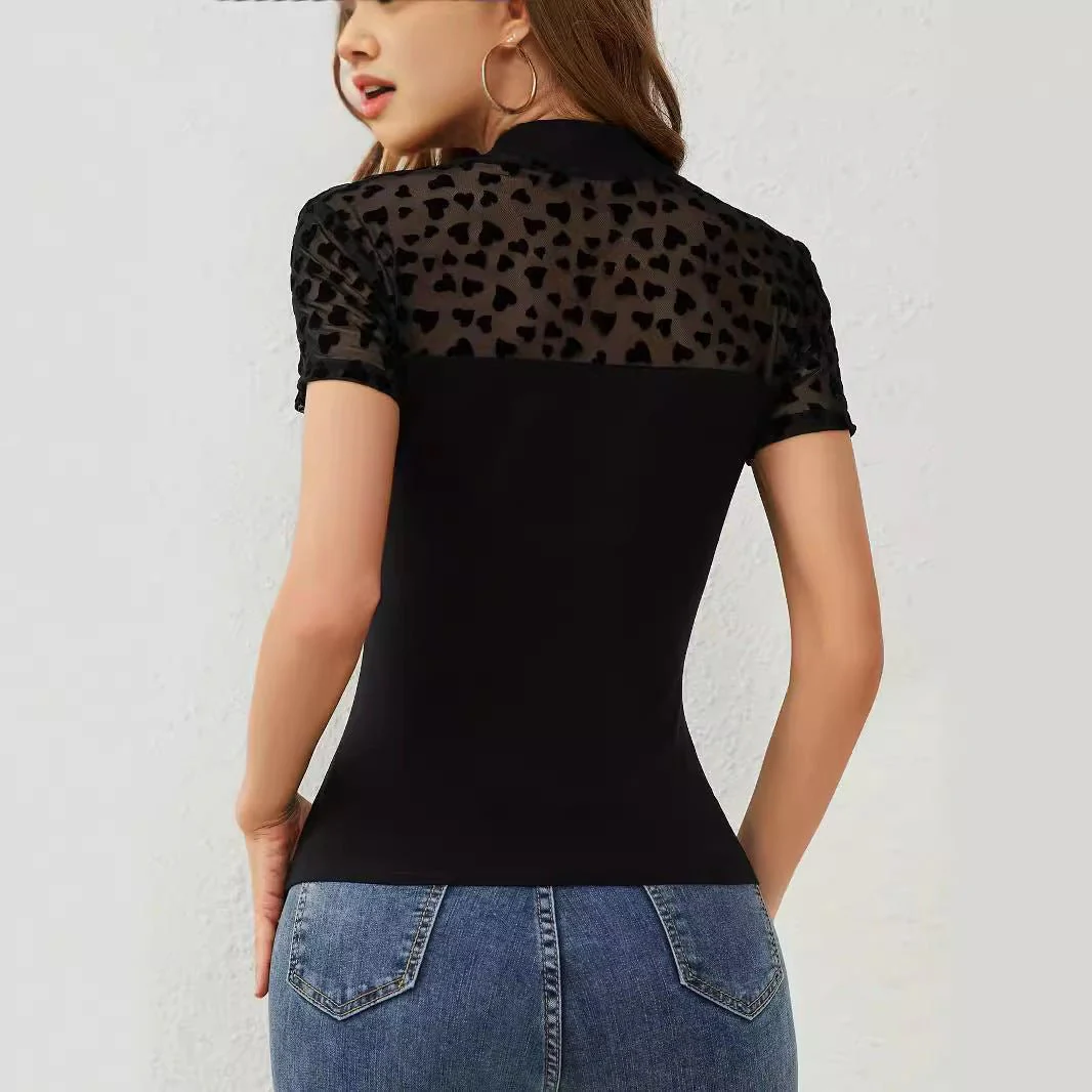 2025 new mesh love splicing short-sleeved small stand-up collar fashion slim T-shirt top women - Image 2