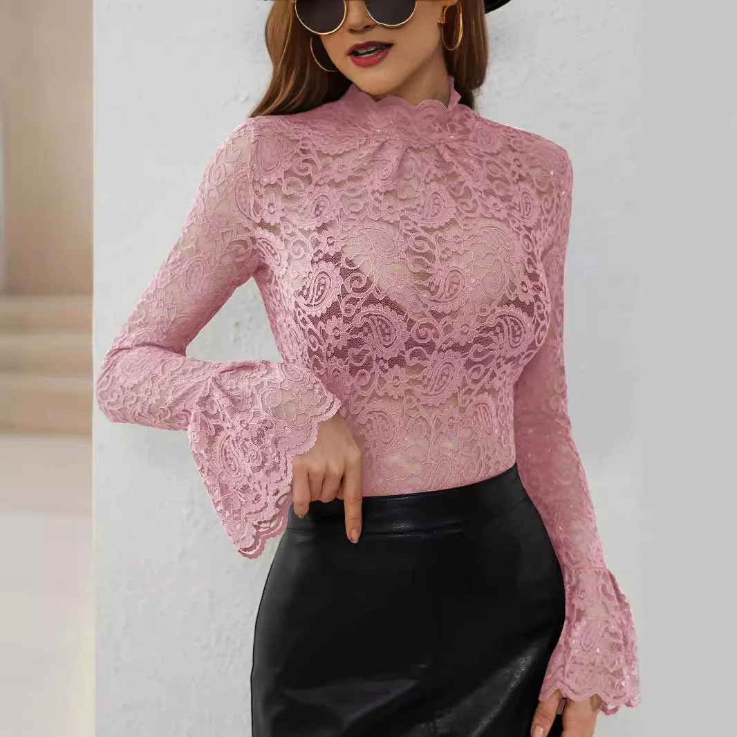 2025 new sexy cashew flower lace slim fit outer wear inner wear trumpet sleeve tops for women - Image 3