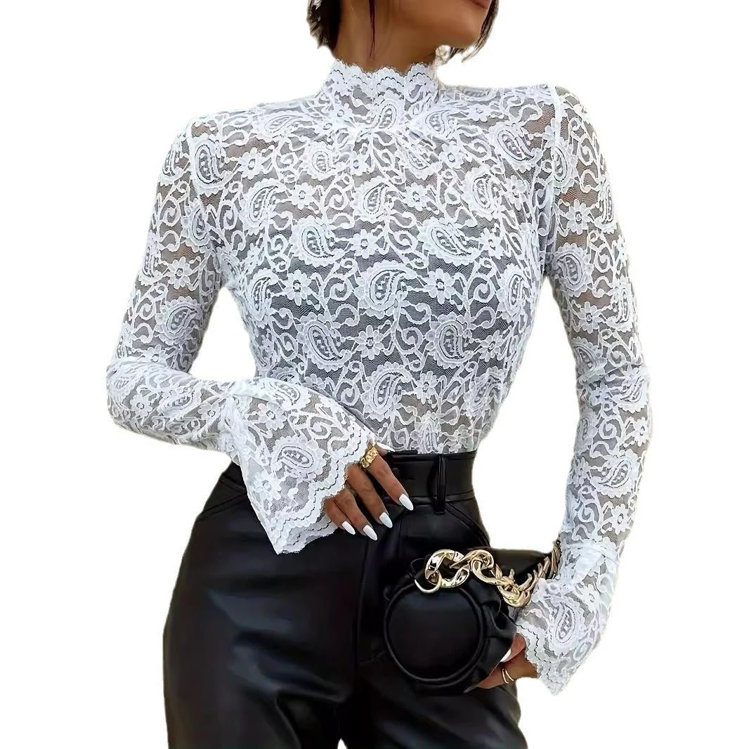 2025 new sexy cashew flower lace slim fit outer wear inner wear trumpet sleeve tops for women - Image 5