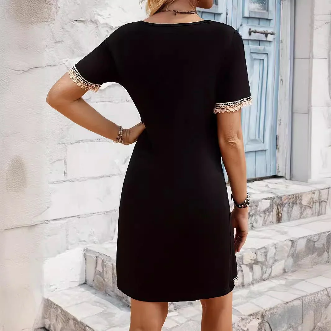 2025 new V-neck lace splicing solid color short-sleeved long slim and thin dress - Image 2