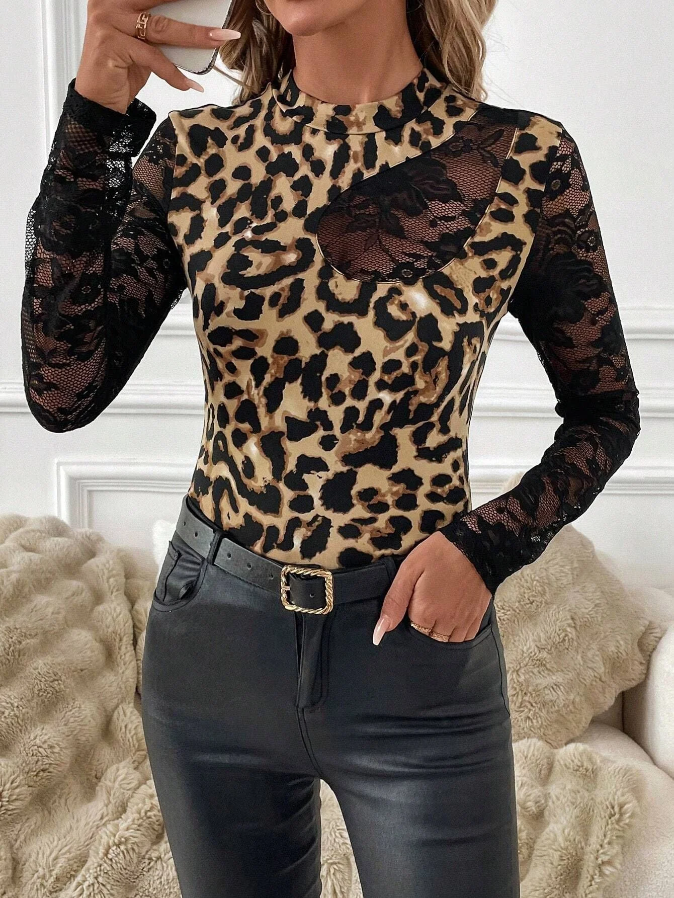 2025 new women's sexy black lace patchwork irregular neckline T-shirt top - Image 8