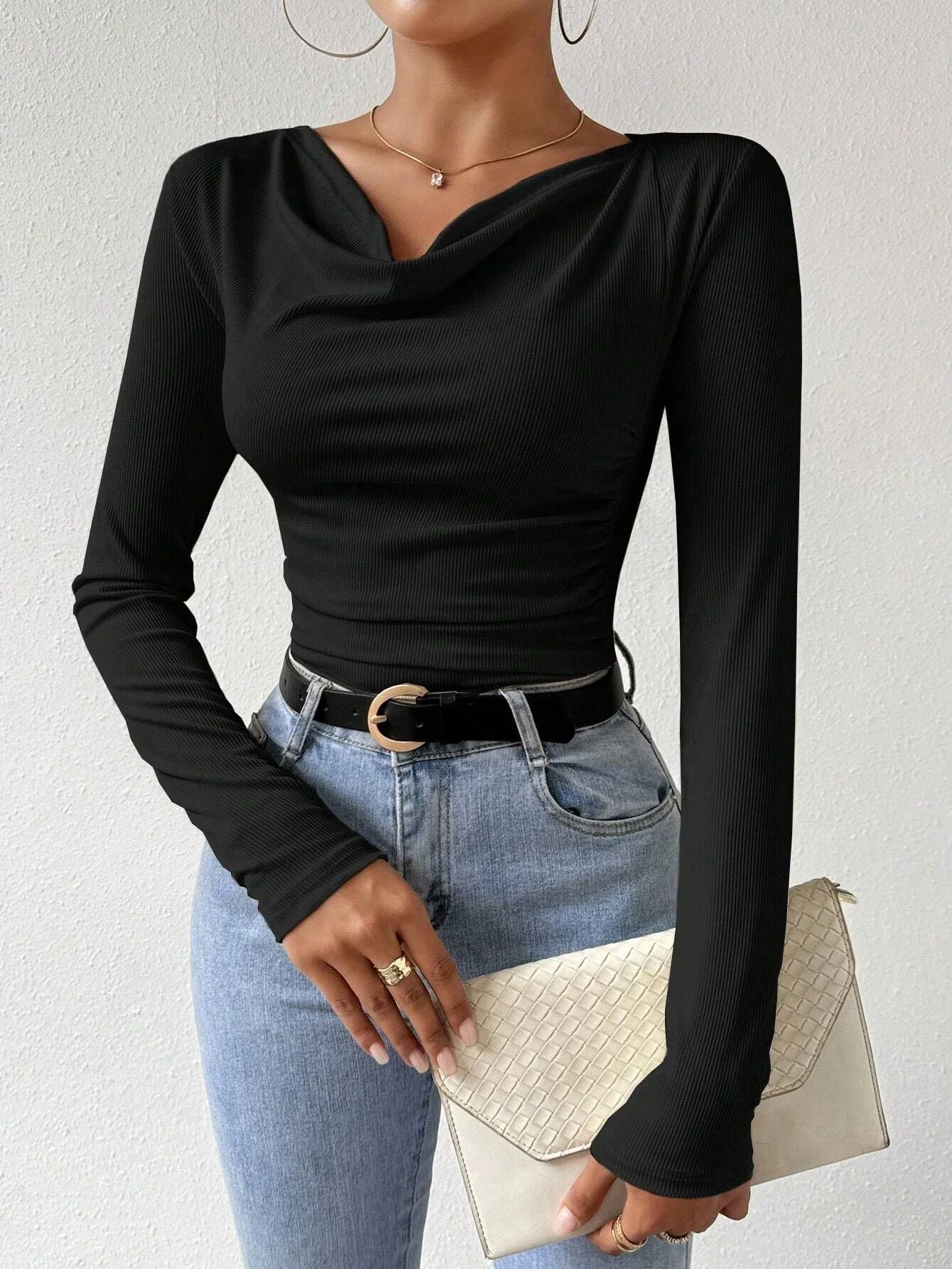 2025 pile collar pleated long-sleeved tops for women - Image 25
