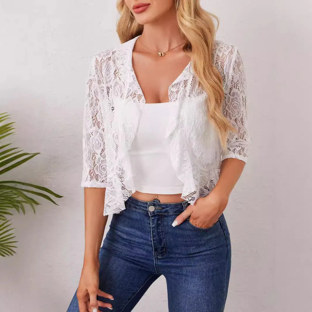 2025 's new elegant and fashionable women's ruffle leaf open placket short lace top - Image 3