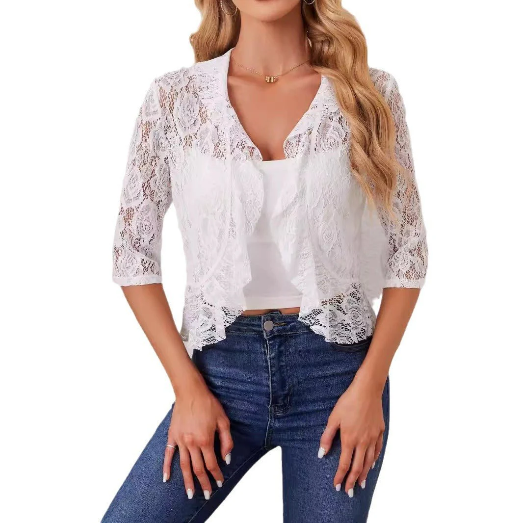 2025 's new elegant and fashionable women's ruffle leaf open placket short lace top - Image 5