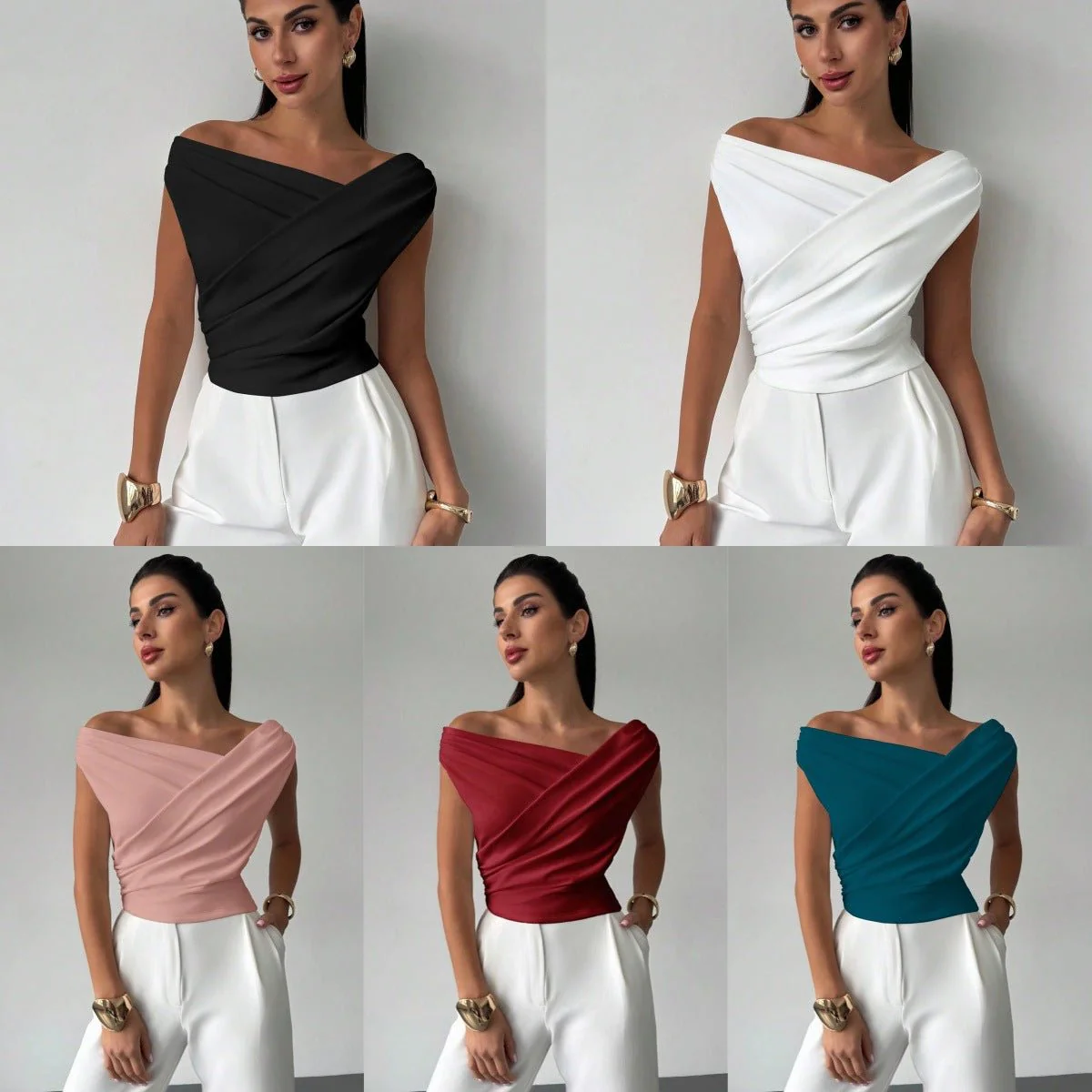 2025  solid color sleeveless T-shirt women's simple style oblique shoulder slimming sleeveless short top