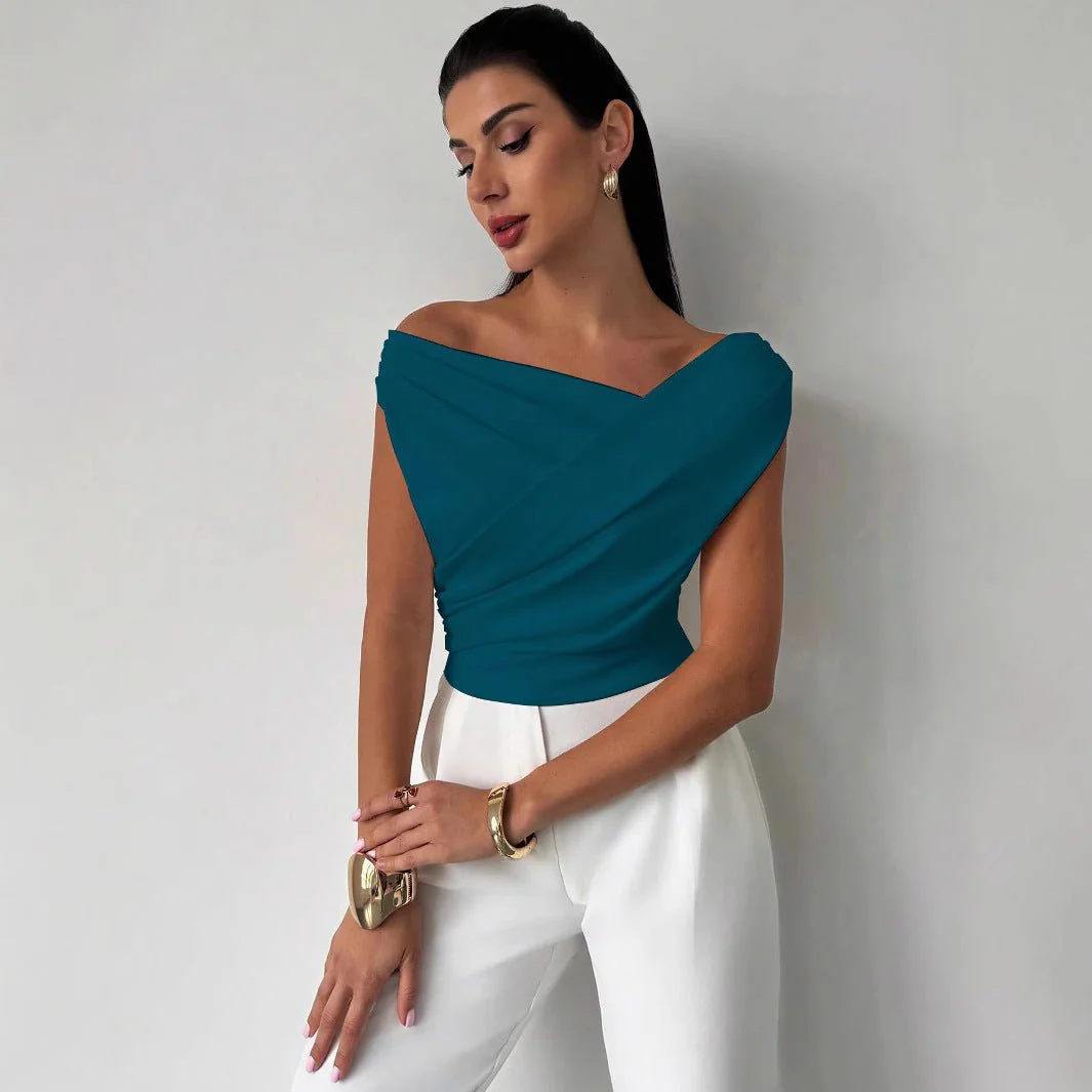 2025  solid color sleeveless T-shirt women's simple style oblique shoulder slimming sleeveless short top - Image 2