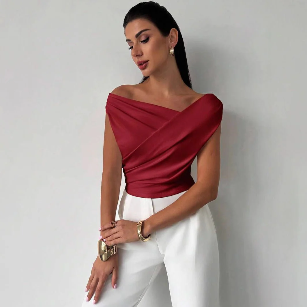 2025  solid color sleeveless T-shirt women's simple style oblique shoulder slimming sleeveless short top - Image 3