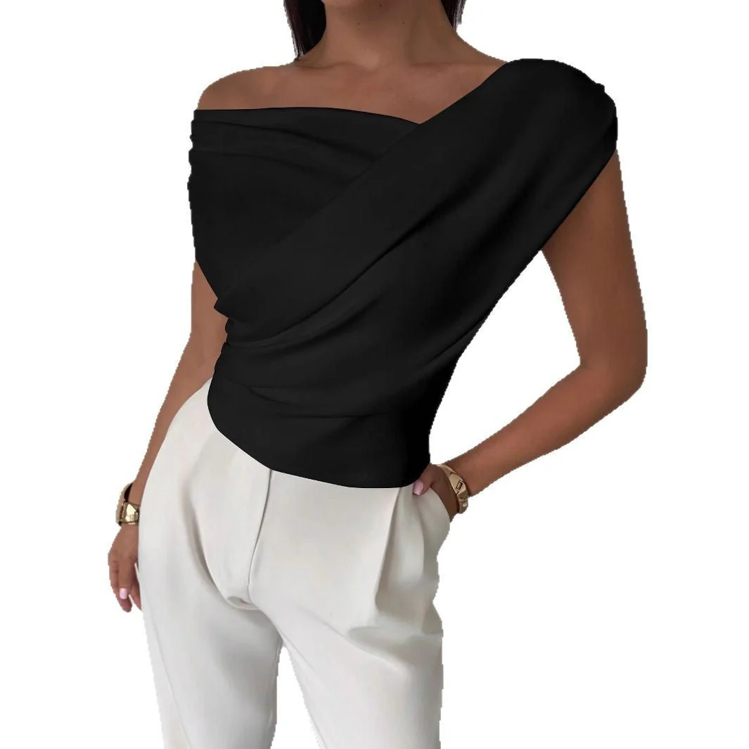 2025  solid color sleeveless T-shirt women's simple style oblique shoulder slimming sleeveless short top - Image 5