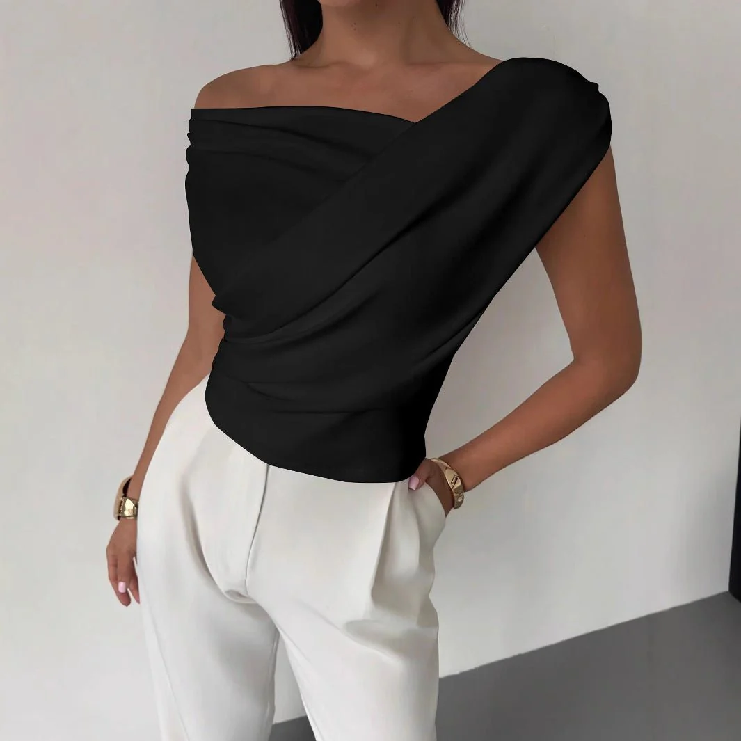 2025  solid color sleeveless T-shirt women's simple style oblique shoulder slimming sleeveless short top - Image 6