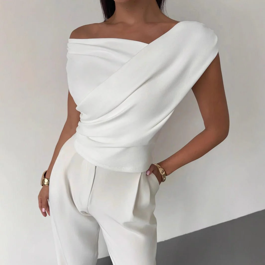 2025  solid color sleeveless T-shirt women's simple style oblique shoulder slimming sleeveless short top - Image 7
