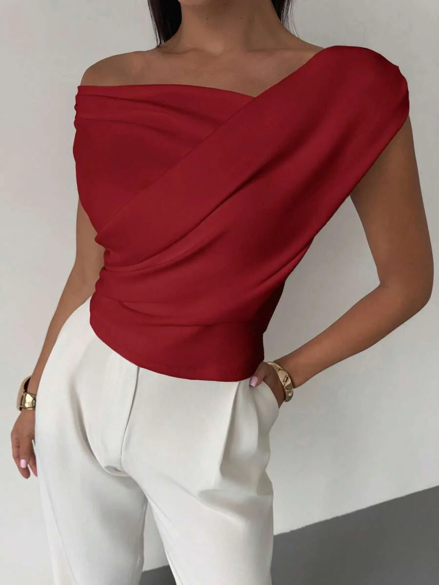 2025  solid color sleeveless T-shirt women's simple style oblique shoulder slimming sleeveless short top - Image 9