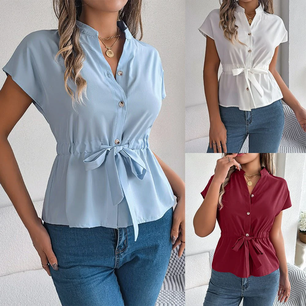 2025 spring and summer casual solid color button drawstring short-sleeved shirt top