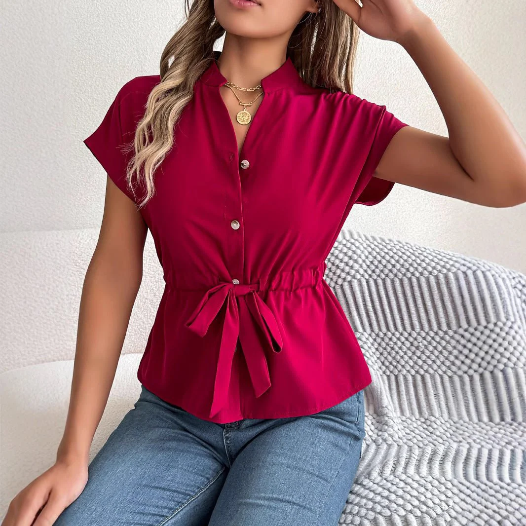 2025 spring and summer casual solid color button drawstring short-sleeved shirt top - Image 3