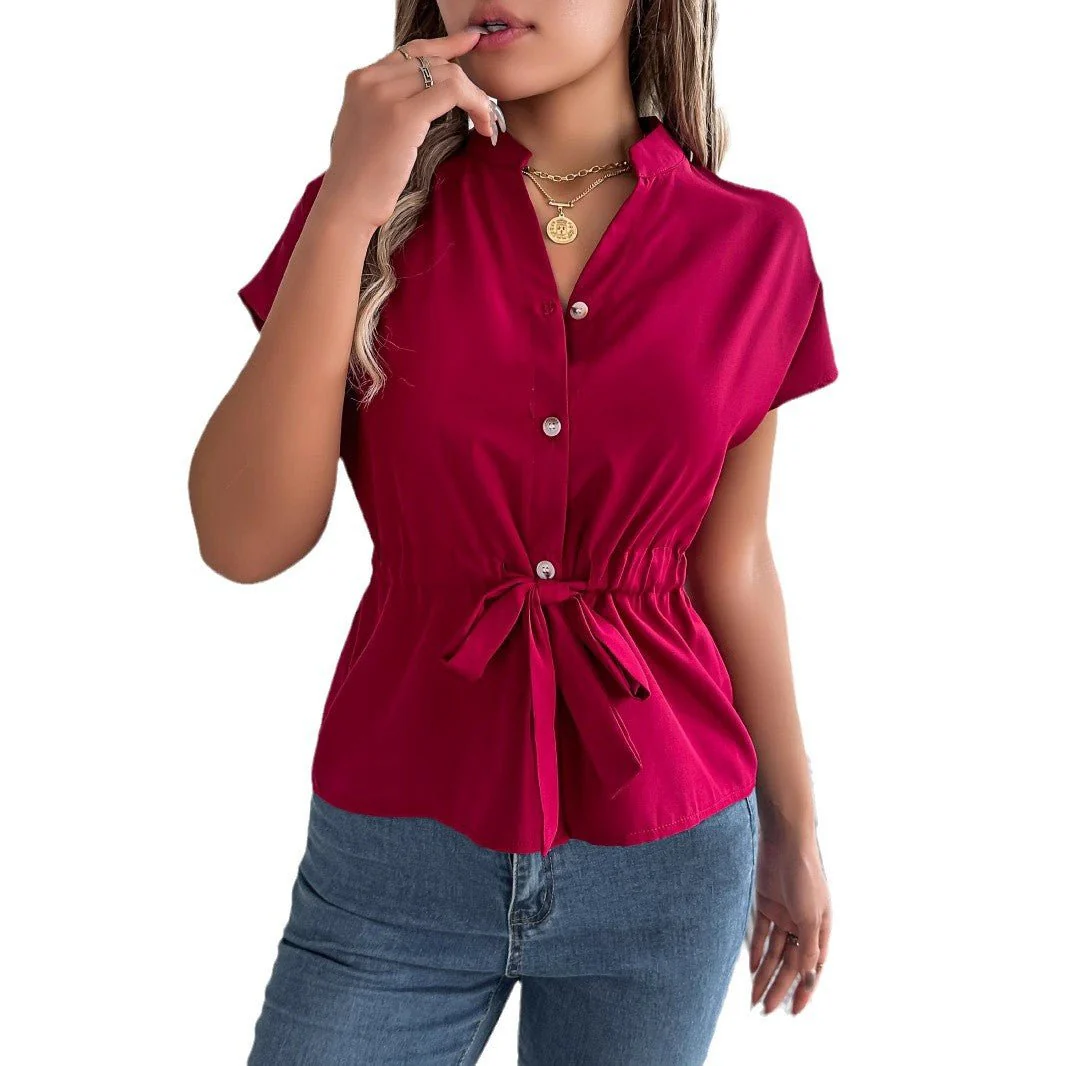 2025 spring and summer casual solid color button drawstring short-sleeved shirt top - Image 5