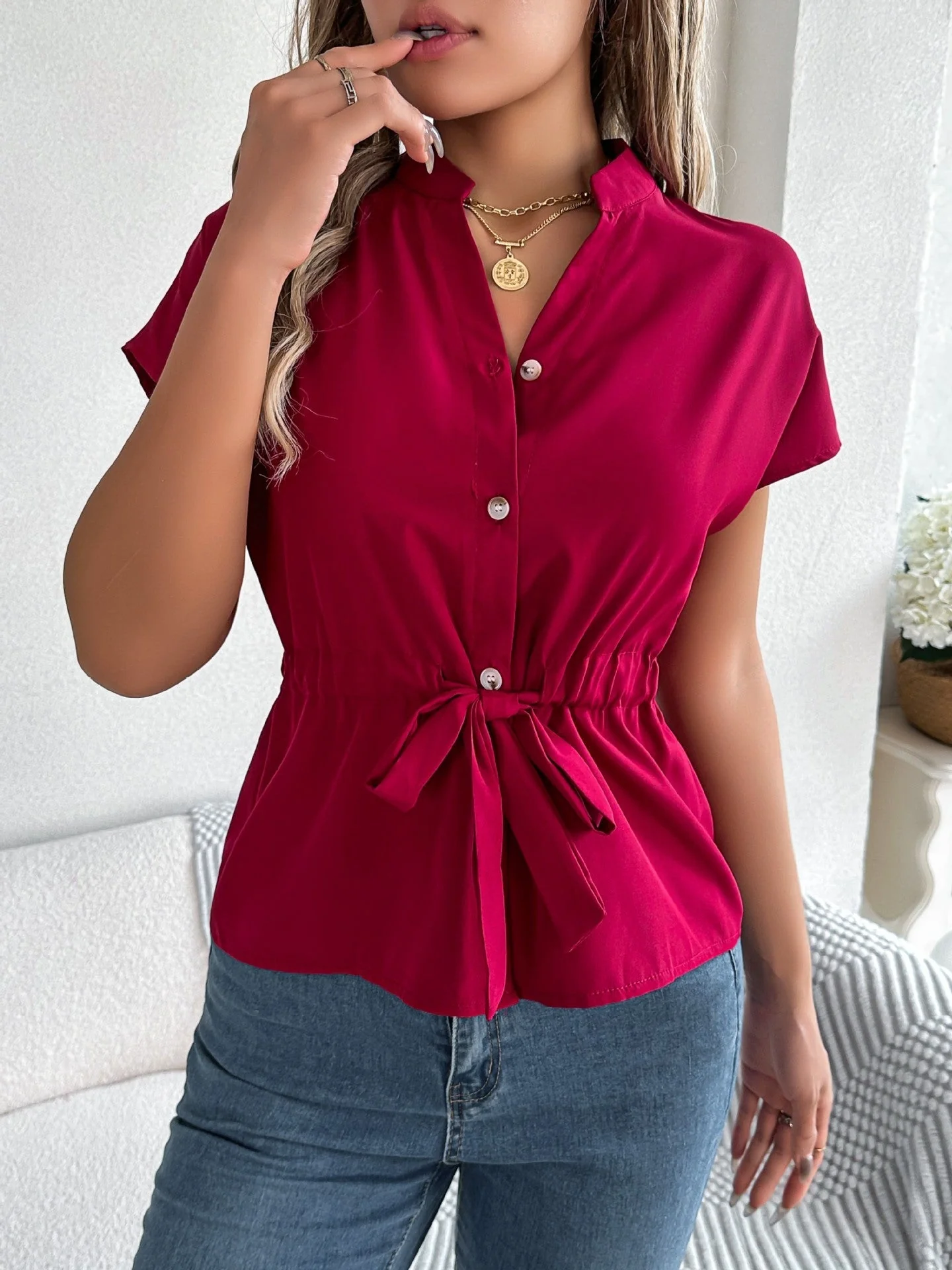 2025 spring and summer casual solid color button drawstring short-sleeved shirt top - Image 7