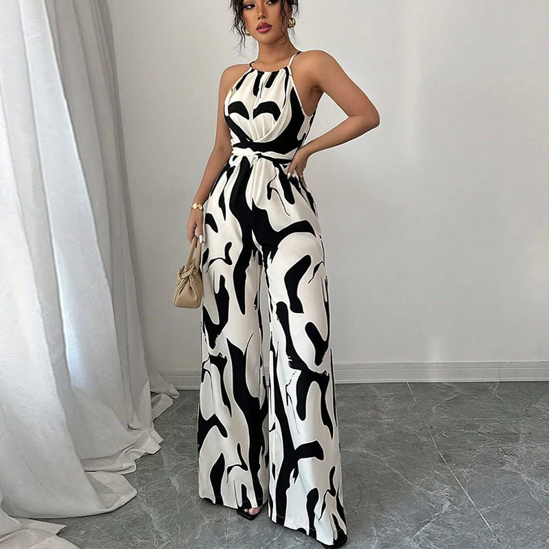 2025 spring and summer INS zebra pattern suspender jumpsuit European and American style lace-up wide-leg trousers women's clothing