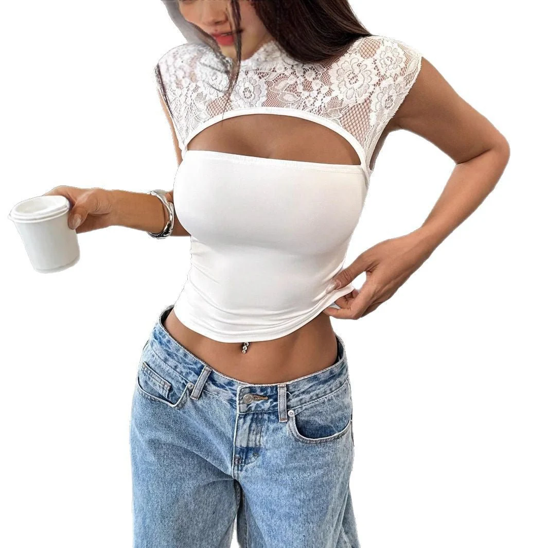 2025 spring and summer new pure desire sexy wind lace splicing slim hollow female Spice Girl short top - Image 5