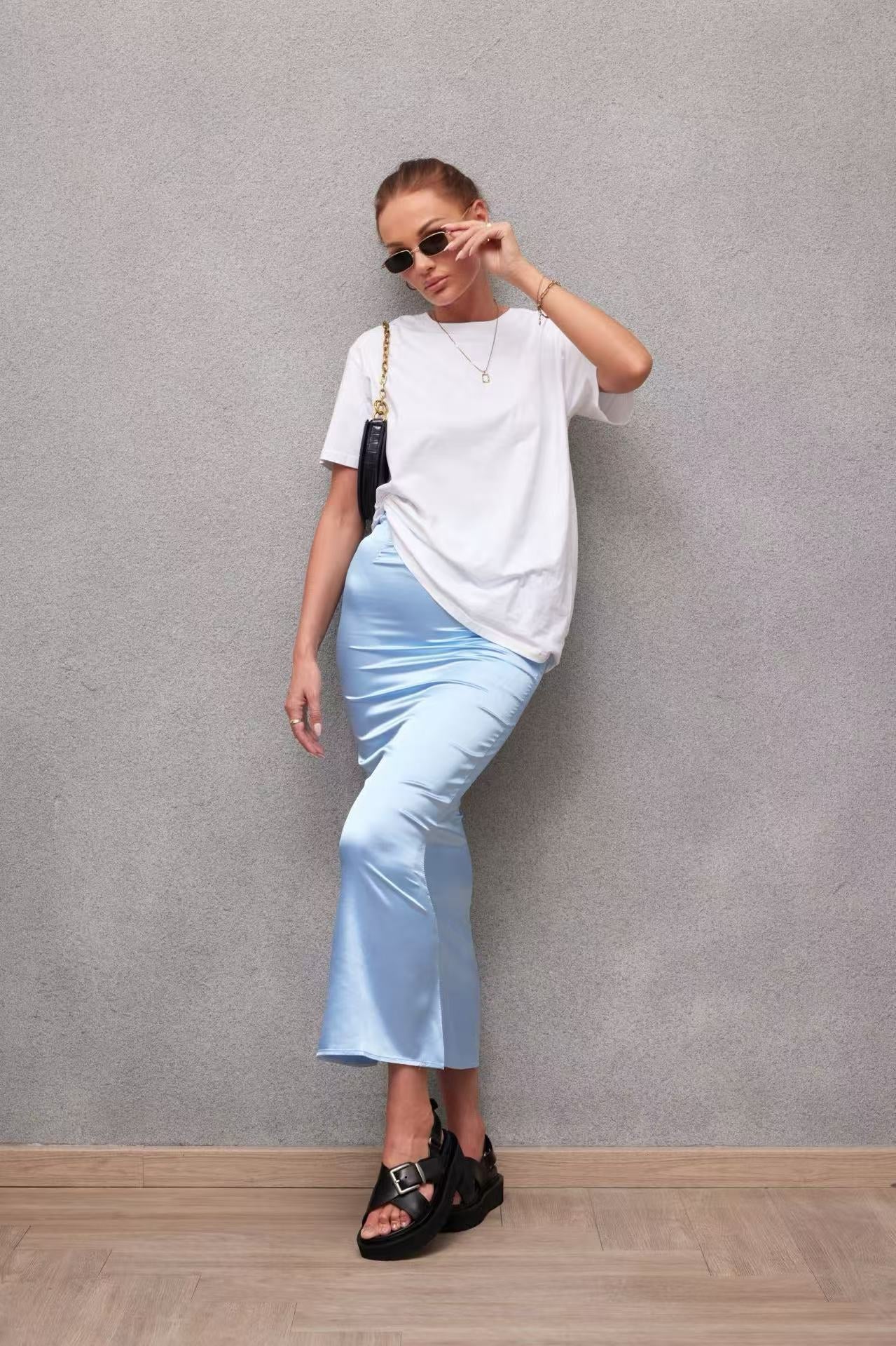 2025 Spring and Summer New Simulation Silk Skirt Fishtail Satin Hip Skirt  FD - Image 29
